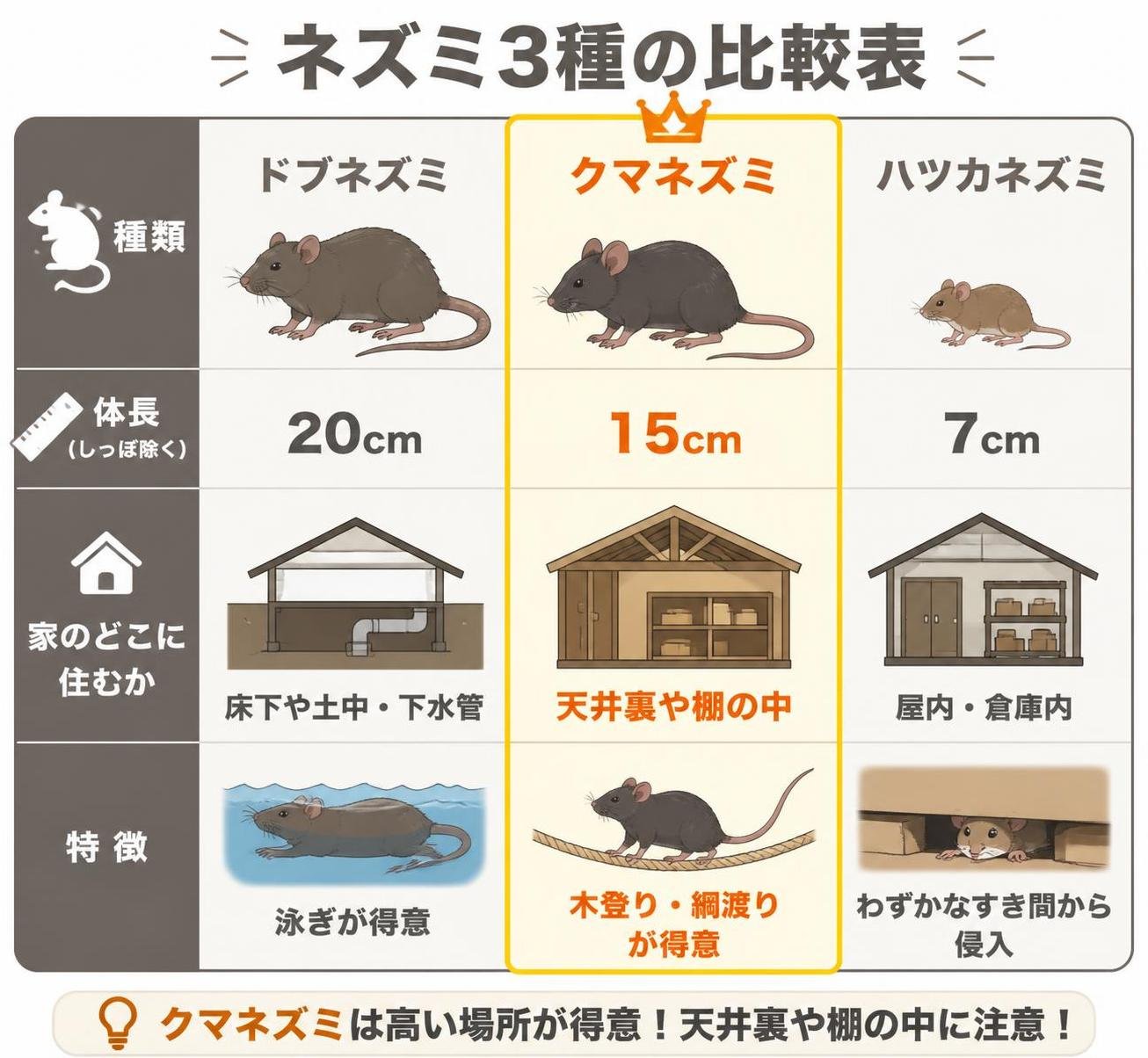 【比較表作成】ネズミ3種の体長と、家のどこに住むか。ドブネズミ: 体長=20cm, 住む場所=床下や土中・下水管, 特徴=泳ぎが得意 / クマネズミ: 体長=15cm, 住む場所=天井裏や棚の中, 特徴=木登り・綱渡りが得意 / ハツカネズミ: 体長=7cm, 住む場所=屋内・倉庫内, 特徴=わずかなすき間から侵入　クマネズミを強調
