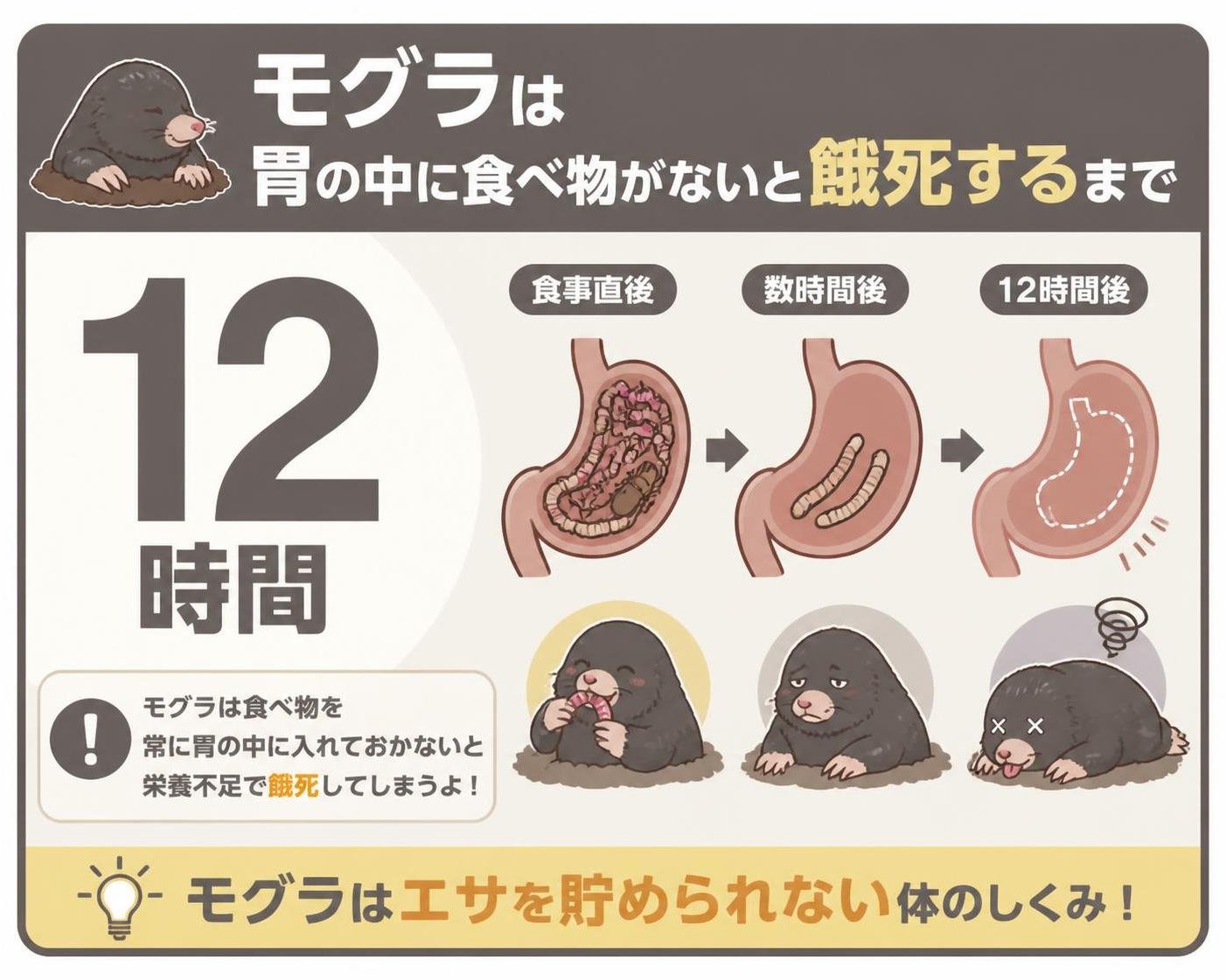 【数字カード作成】モグラが胃の中に食べ物がないと餓死するまで。12時間