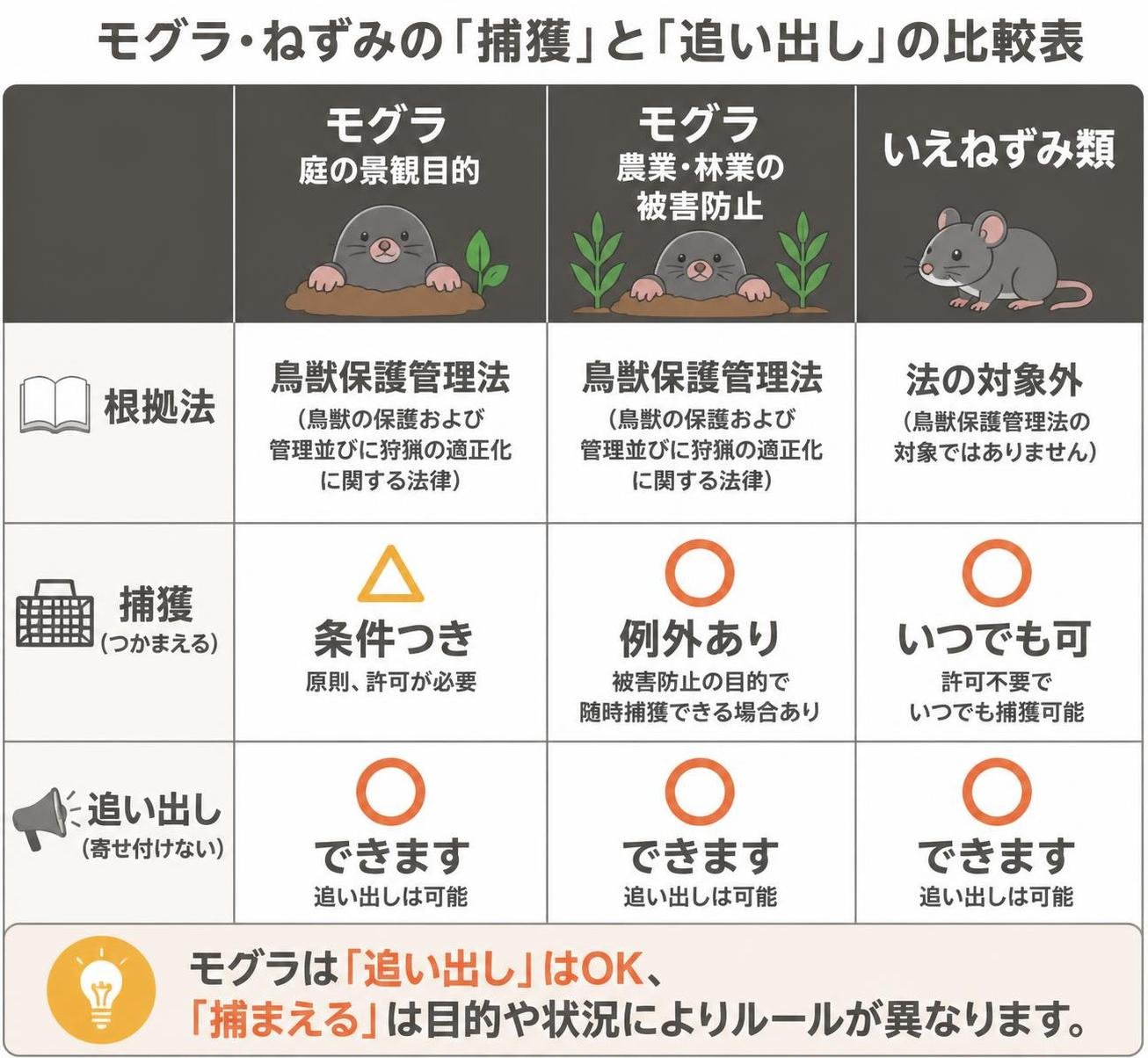 【比較表作成】モグラは「追い出す」はOK、「捕まえる」は条件つき。モグラ庭の景観目的: 根拠法=鳥獣保護管理法, 捕獲=原則許可が必要, 追い出し=可 / モグラ農業林業の被害防止: 根拠法=鳥獣保護管理法, 捕獲=随時捕獲できる例外あり, 追い出し=可 / いえねずみ類: 根拠法=法の対象外, 捕獲=いつでも可, 追い出し=可