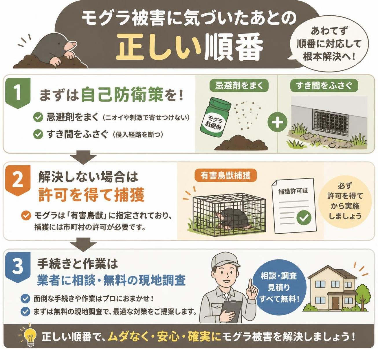 【ステップ作成】モグラ被害に気づいたあとの正しい順番:忌避剤をまく・すき間をふさぐ(自己防衛策)→解決しないなら許可を得て捕獲(有害鳥獣捕獲)→手続きと作業を業者に相談・無料の現地調査