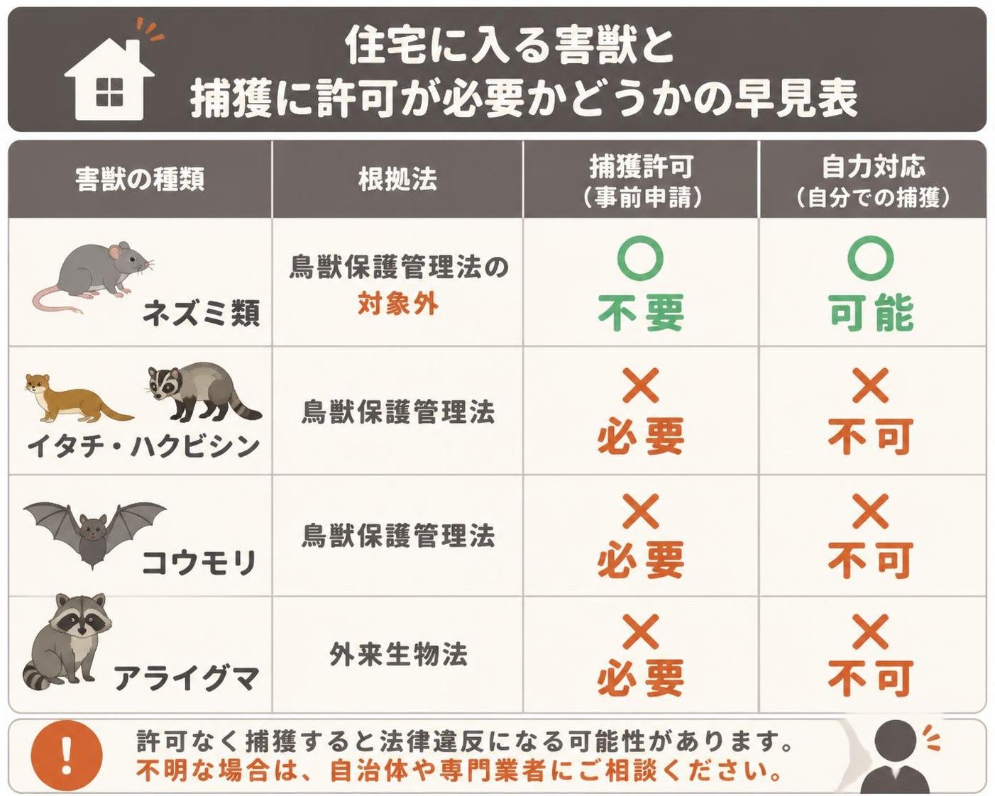 【比較表作成】住宅に入る害獣と捕獲に許可が必要かどうかの早見表。ネズミ類: 根拠法=鳥獣保護管理法の対象外, 捕獲許可=不要, 自力対応=可能 / イタチ・ハクビシン: 根拠法=鳥獣保護管理法, 捕獲許可=必要, 自力対応=不可 / コウモリ: 根拠法=鳥獣保護管理法, 捕獲許可=必要, 自力対応=不可 / アライグマ: 根拠法=外来生物法, 捕獲許可=必要, 自力対応=不可