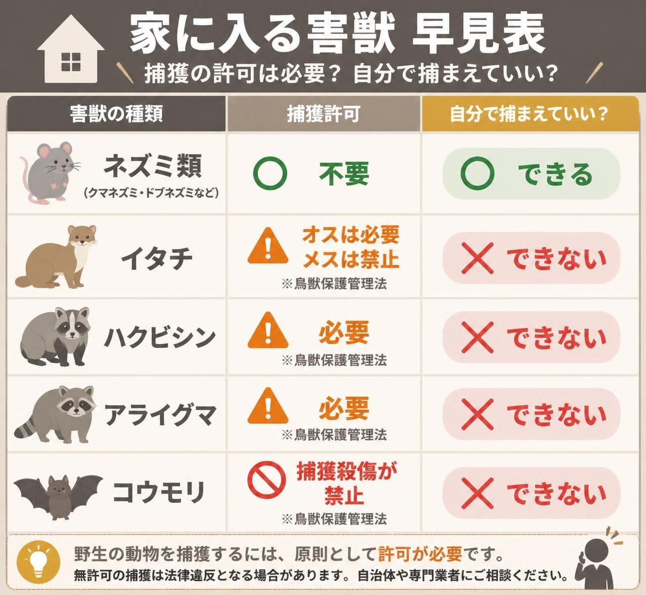 【比較表作成】家に入る害獣と自分で捕まえていいかの早見表。ネズミ類: 捕獲許可=不要, 自力対応=できる / イタチ: 捕獲許可=オスは必要メスは禁止, 自力対応=できない / ハクビシン: 捕獲許可=必要, 自力対応=できない / アライグマ: 捕獲許可=必要, 自力対応=できない / コウモリ: 捕獲許可=捕獲殺傷が禁止, 自力対応=できない