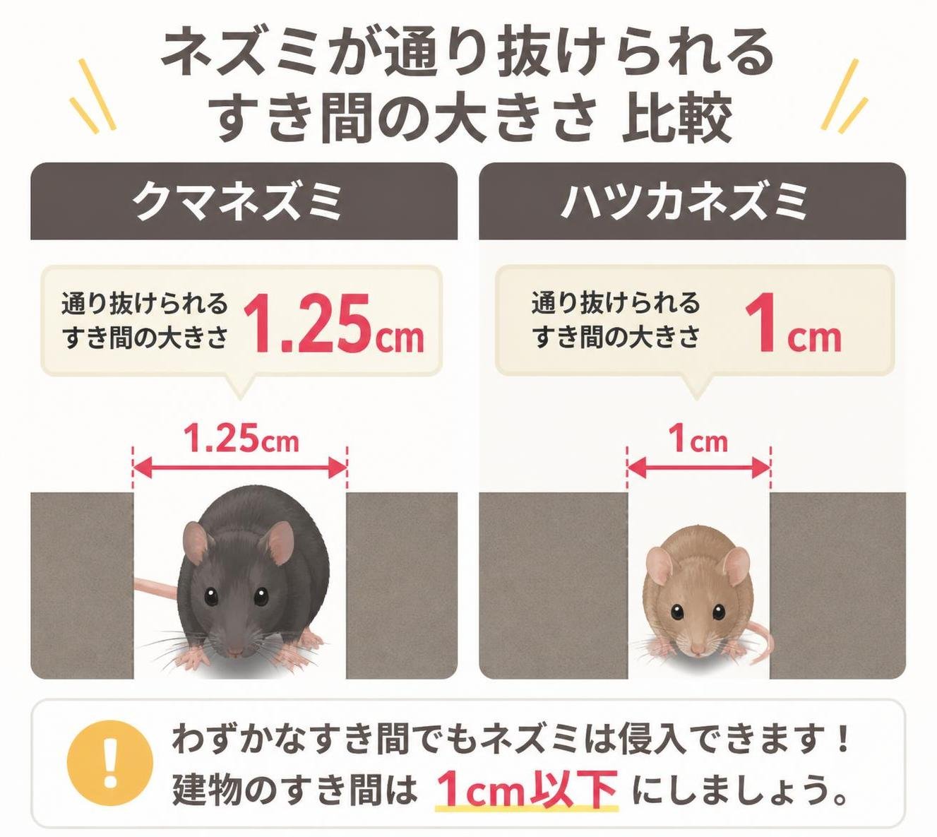 【横棒比較作成】ネズミが通り抜けられるすき間の大きさ。クマネズミ:1.25cm / ハツカネズミ:1cm