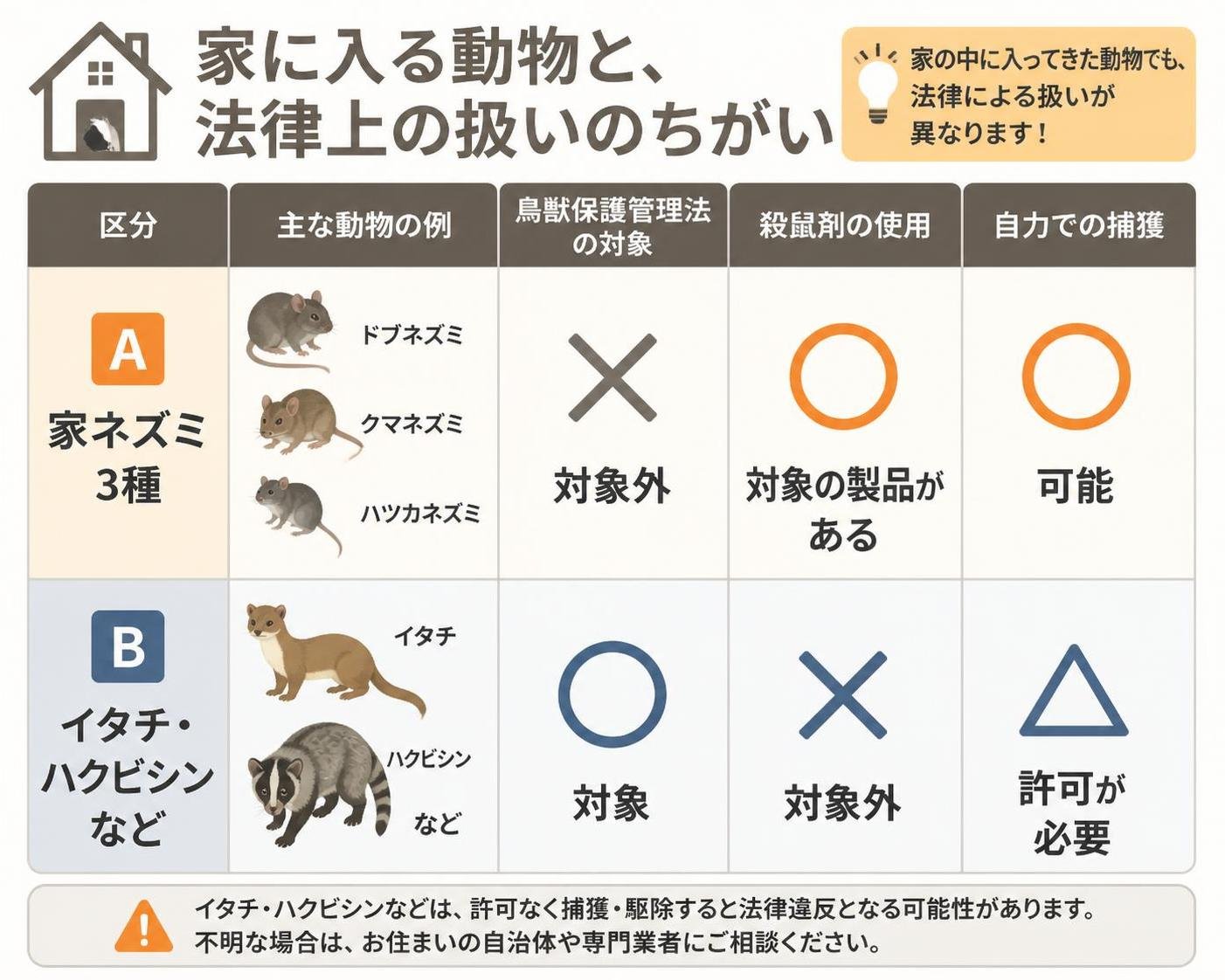 【比較表作成】家に入る動物と、法律上の扱いのちがい。行A(家ネズミ3種): 鳥獣保護管理法=対象外, 殺鼠剤=対象の製品がある, 自力での捕獲=可能 / 行B(イタチ・ハクビシンなど): 鳥獣保護管理法=対象, 殺鼠剤=対象外, 自力での捕獲=許可が必要