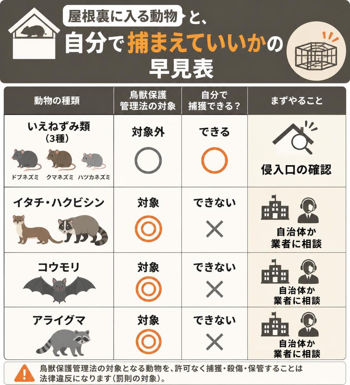 【比較表作成】屋根裏に入る動物と、自分で捕まえていいかの早見表。いえねずみ類3種: 鳥獣保護管理法=対象外, 自分で捕獲=できる, まずやること=侵入口の確認 / イタチ・ハクビシン: 鳥獣保護管理法=対象, 自分で捕獲=できない, まずやること=自治体か業者に相談 / コウモリ: 鳥獣保護管理法=対象, 自分で捕獲=できない, まずやること=自治体か業者に相談 / アライグマ: 鳥獣保護管理法=対象, 自分で捕獲=できない, まずやること=自治体か業者に相談