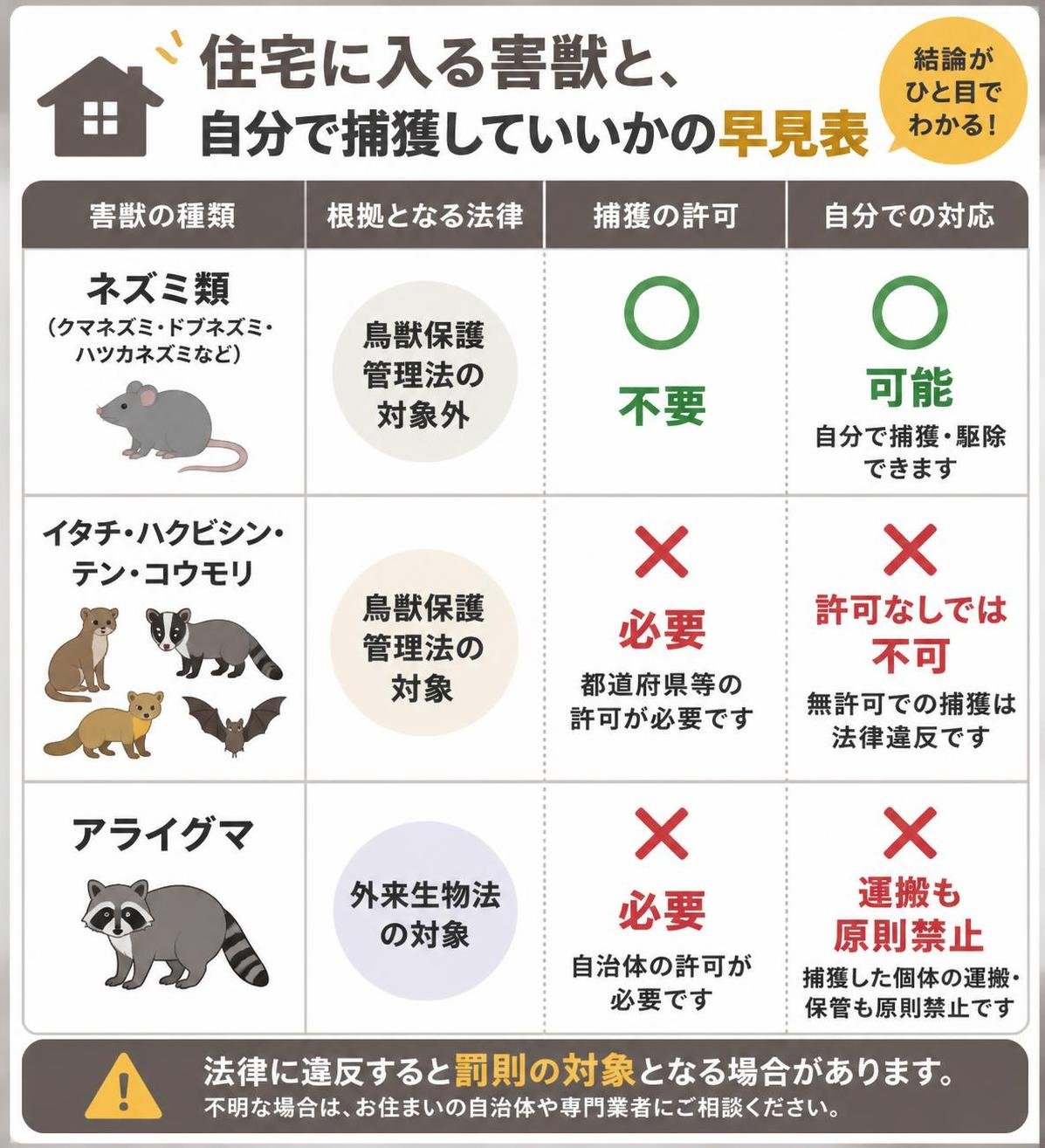 【比較表作成】住宅に入る害獣と、自分で捕獲していいかの早見表。ネズミ類: 根拠法=鳥獣保護管理法の対象外, 捕獲許可=不要, 自力対応=可能 / イタチ・ハクビシン・テン・コウモリ: 根拠法=鳥獣保護管理法, 捕獲許可=必要, 自力対応=許可なしでは不可 / アライグマ: 根拠法=外来生物法, 捕獲許可=必要, 自力対応=運搬も原則禁止