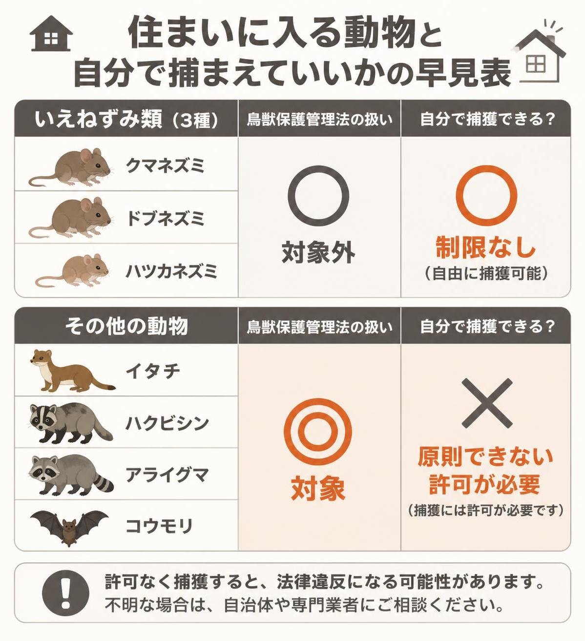 【比較表作成】住まいに入る動物と自分で捕まえていいかの早見表。いえねずみ類3種: 鳥獣保護管理法の扱い=対象外, 自分で捕獲=制限なし / イタチ・ハクビシン・アライグマ・コウモリ: 鳥獣保護管理法の扱い=対象, 自分で捕獲=原則できない許可が必要