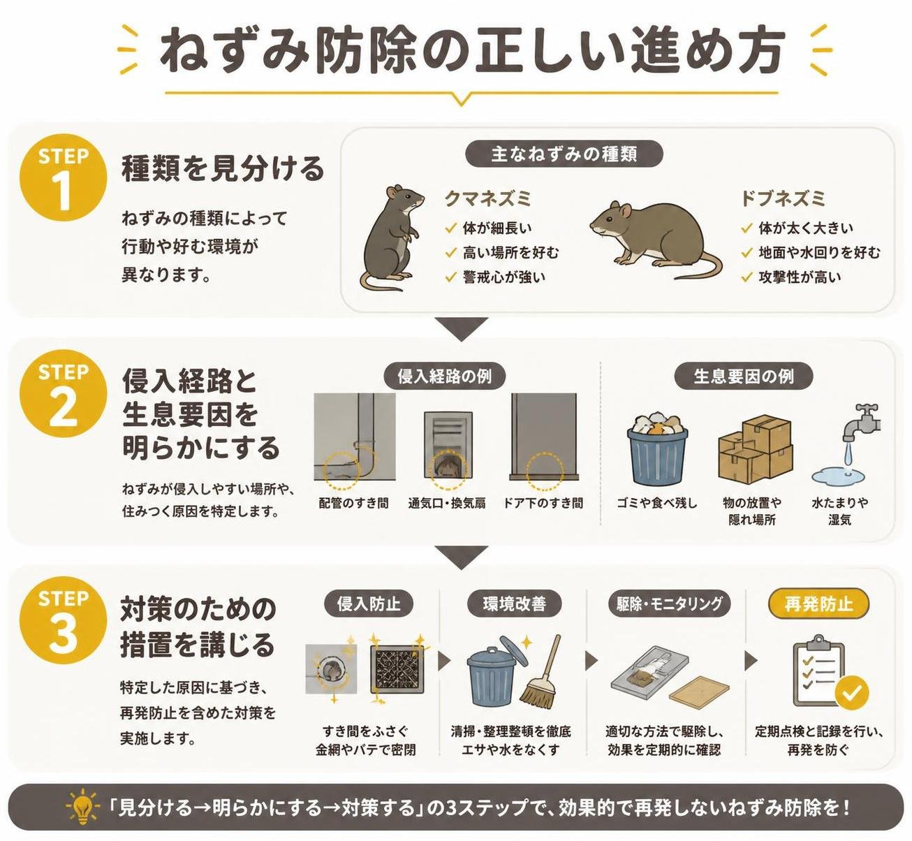 【ステップ作成】ねずみ防除の正しい進め方:種類を見分ける→侵入経路と生息要因を明らかにする→対策のための措置を講じる