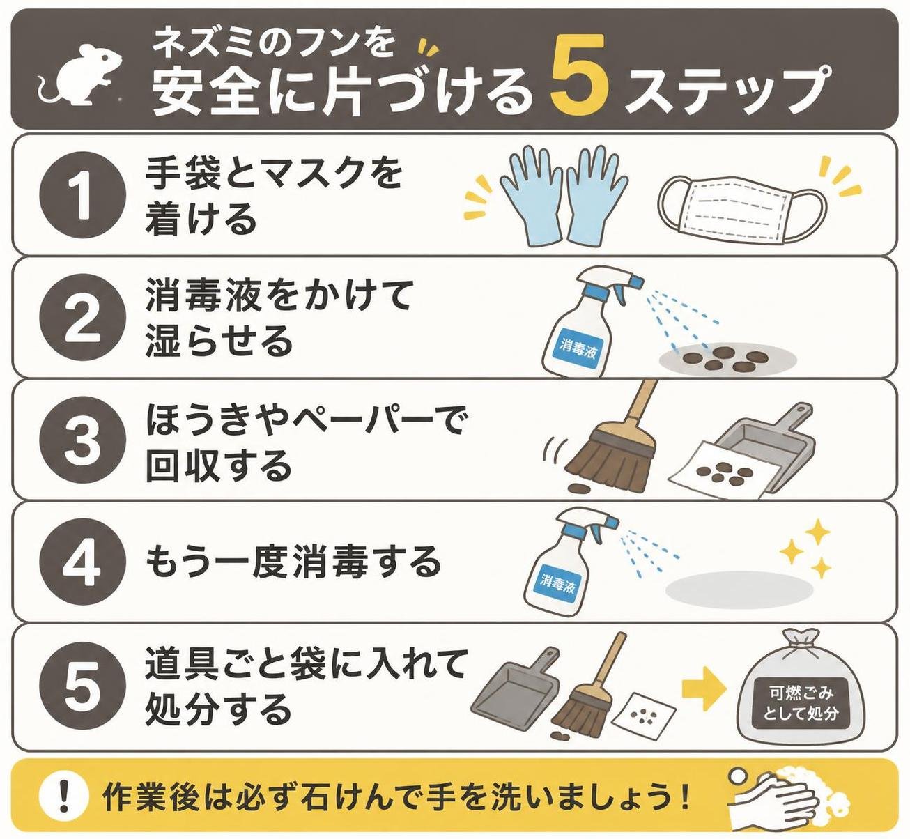 【ステップ作成】ネズミのフンを安全に片づける5ステップ:手袋とマスクを着ける→消毒液をかけて湿らせる→ほうきやペーパーで回収→もう一度消毒→道具ごと袋に入れて処分