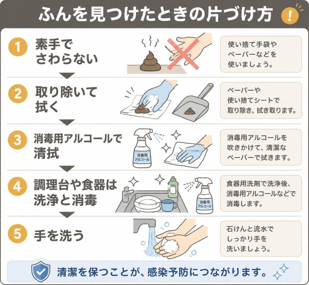【ステップ作成】ふんを見つけたときの片づけ方:素手でさわらない→取り除いて拭く→消毒用アルコールで清拭→調理台や食器は洗浄と消毒→手を洗う