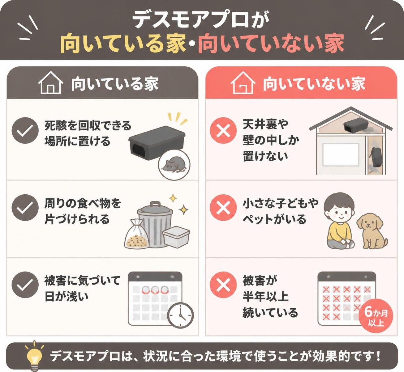 【メリデメ作成】デスモアプロが向いている家・向いていない家。メリット:死骸を回収できる場所に置ける / 周りの食べ物を片づけられる / 被害に気づいて日が浅い // デメリット:天井裏や壁の中しか置けない / 小さな子どもやペットがいる / 被害が半年以上続いている