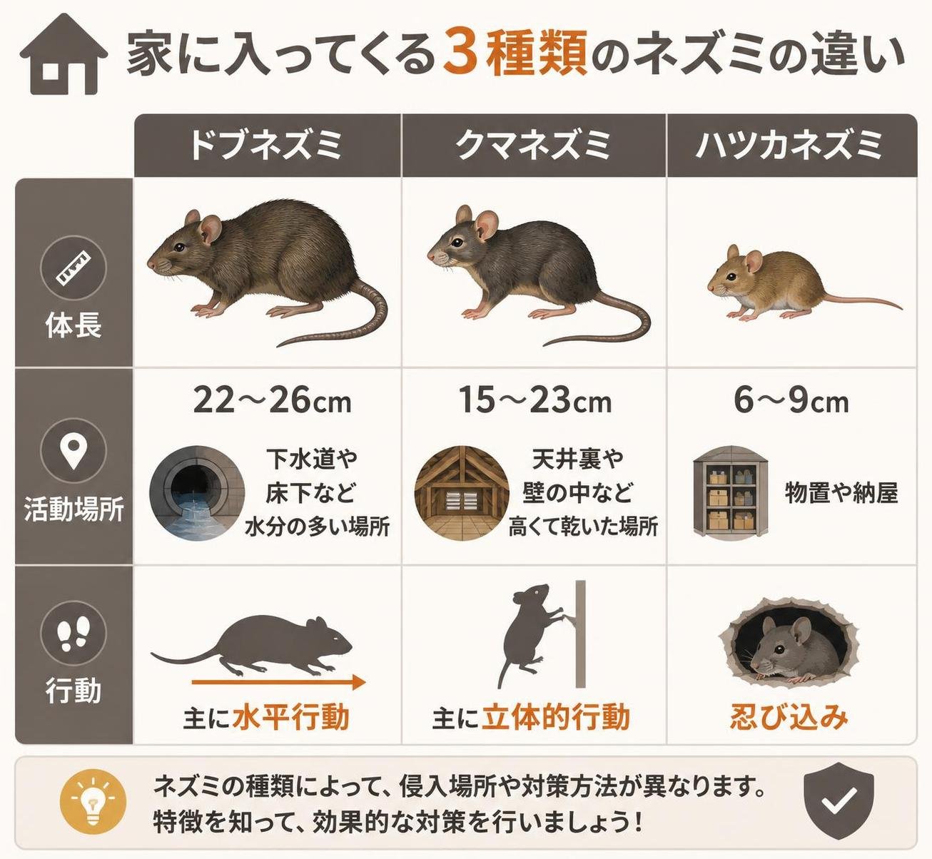 【比較表作成】家に入ってくる3種類のネズミの違い。ドブネズミ: 体長=22〜26cm, 活動場所=下水道や床下など水分の多い場所, 行動=主に水平行動 / クマネズミ: 体長=15〜23cm, 活動場所=天井裏や壁の中など高くて乾いた場所, 行動=主に立体的行動 / ハツカネズミ: 体長=6〜9cm, 活動場所=物置や納屋, 行動=忍び込み
