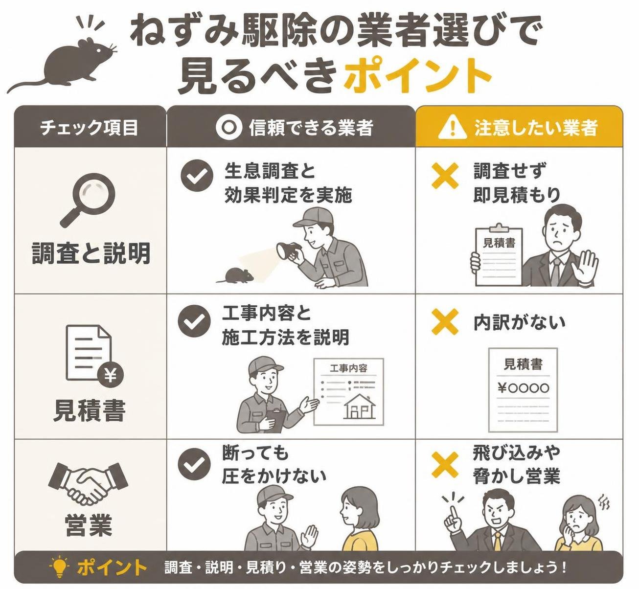 【比較表作成】ねずみ駆除の業者選びで見るべきポイント。調査と説明: 信頼できる=生息調査と効果判定を実施, 注意したい=調査せず即見積もり / 見積書: 信頼できる=工事内容と施工方法を説明, 注意したい=内訳がない / 営業: 信頼できる=断っても圧をかけない, 注意したい=飛び込みや脅かし営業