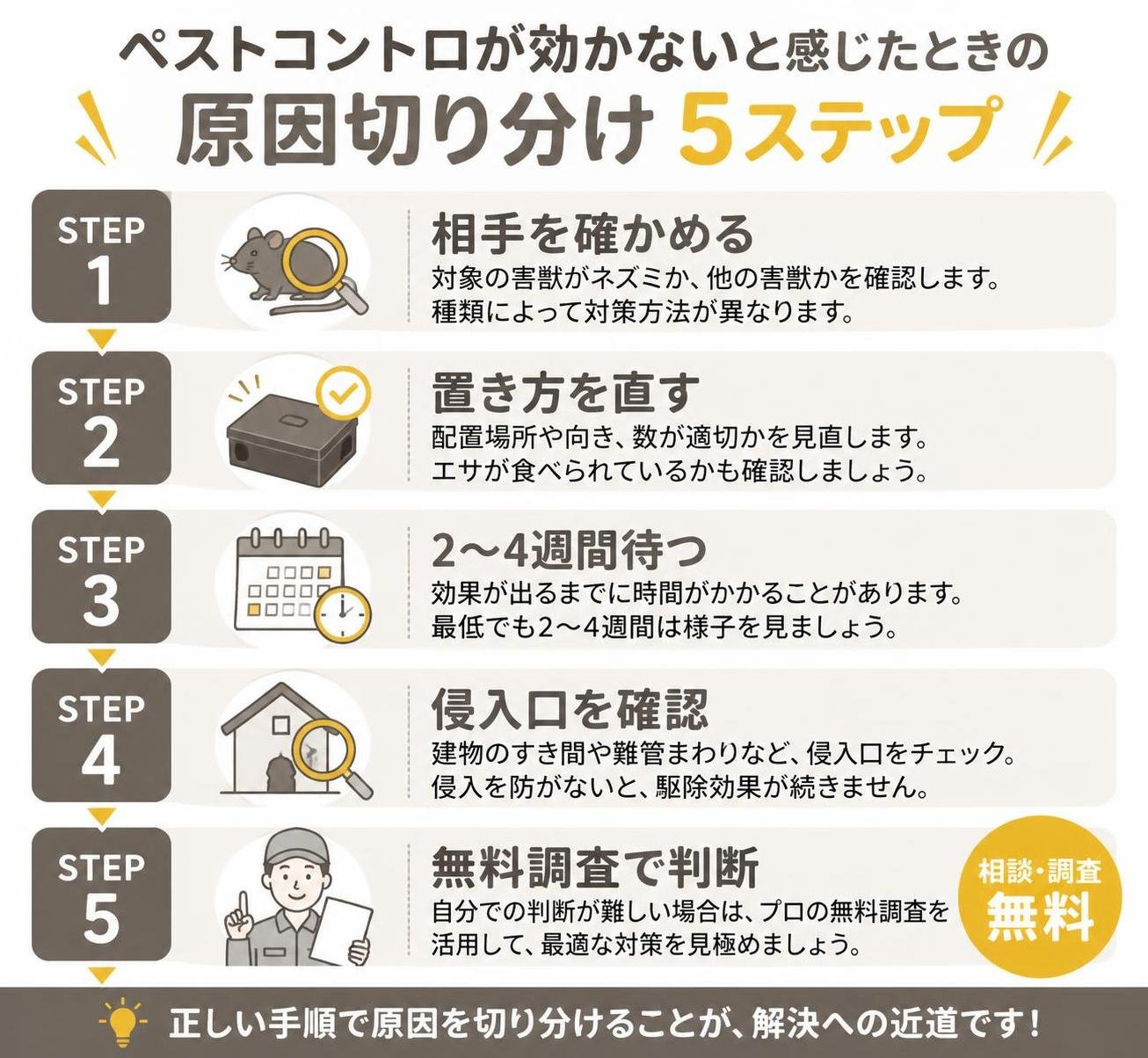 【ステップ作成】ペストコントロが効かないと感じたときの原因切り分け5ステップ:相手を確かめる→置き方を直す→2〜4週間待つ→侵入口を確認→無料調査で判断