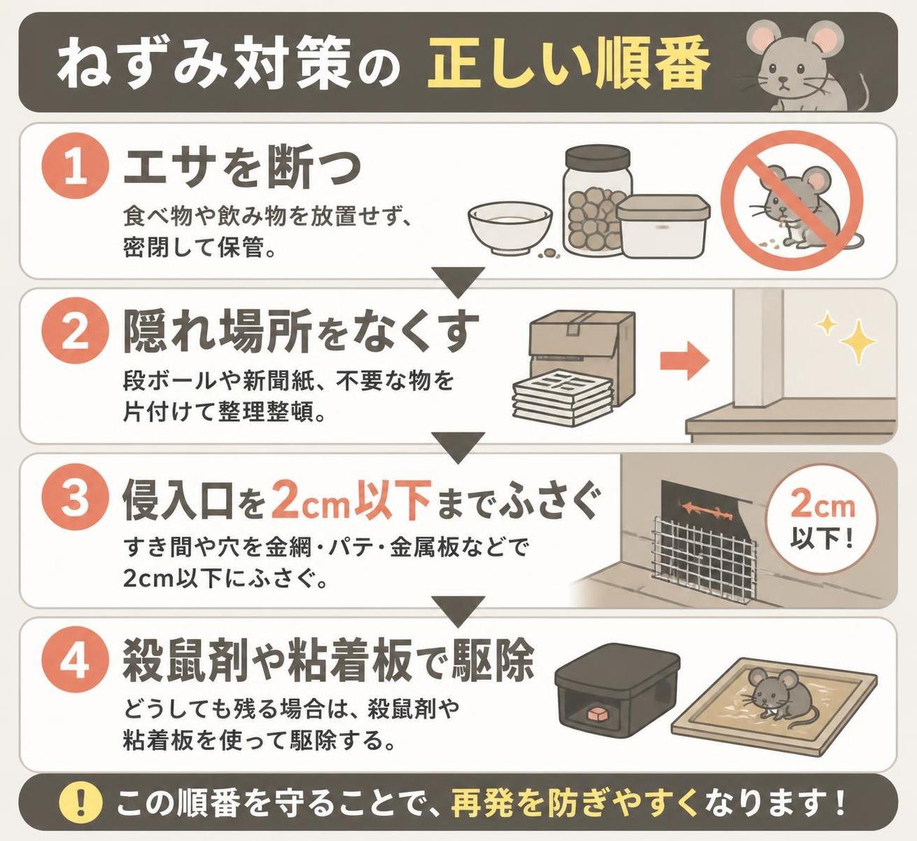 【ステップ作成】ねずみ対策の正しい順番:エサを断つ→隠れ場所をなくす→侵入口を2cm以下までふさぐ→殺鼠剤や粘着板で駆除