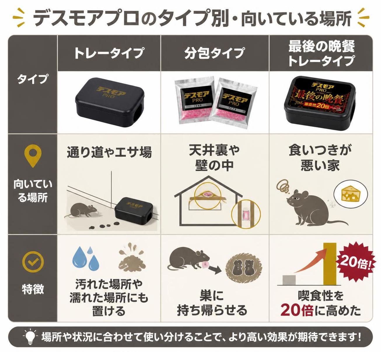 【比較表作成】デスモアプロのタイプ別・向いている場所。トレータイプ: 向いている場所=通り道やエサ場, 特徴=汚れた場所や濡れた場所にも置ける / 分包タイプ: 向いている場所=天井裏や壁の中, 特徴=巣に持ち帰らせる / 最後の晩餐トレータイプ: 向いている場所=食いつきが悪い家, 特徴=喫食性を20倍に高めた