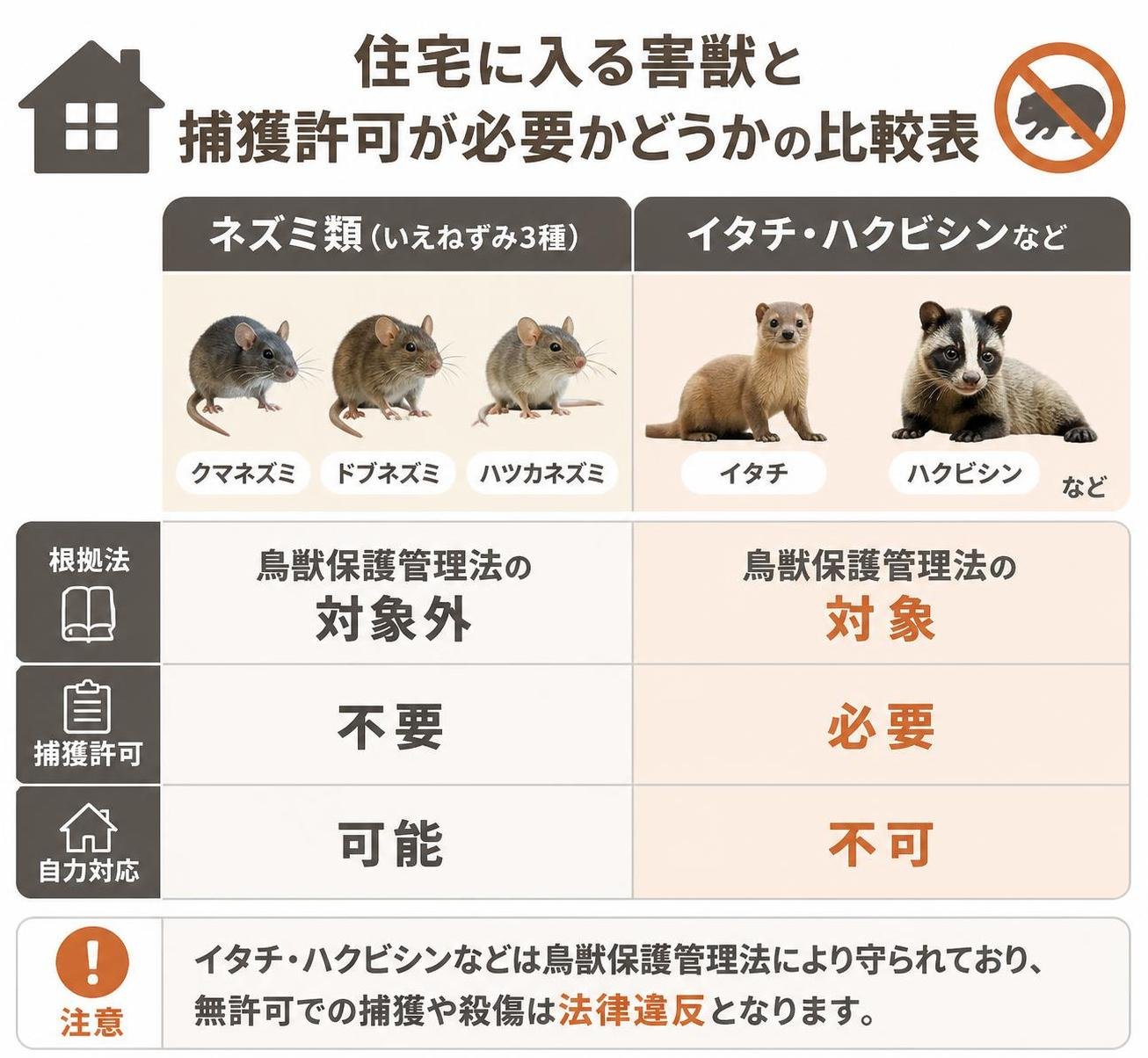 【比較表作成】住宅に入る害獣と捕獲許可が必要かどうか。ネズミ類(いえねずみ3種): 根拠法=鳥獣保護管理法の対象外, 捕獲許可=不要, 自力対応=可能 / イタチ・ハクビシンなど: 根拠法=鳥獣保護管理法の対象, 捕獲許可=必要, 自力対応=不可