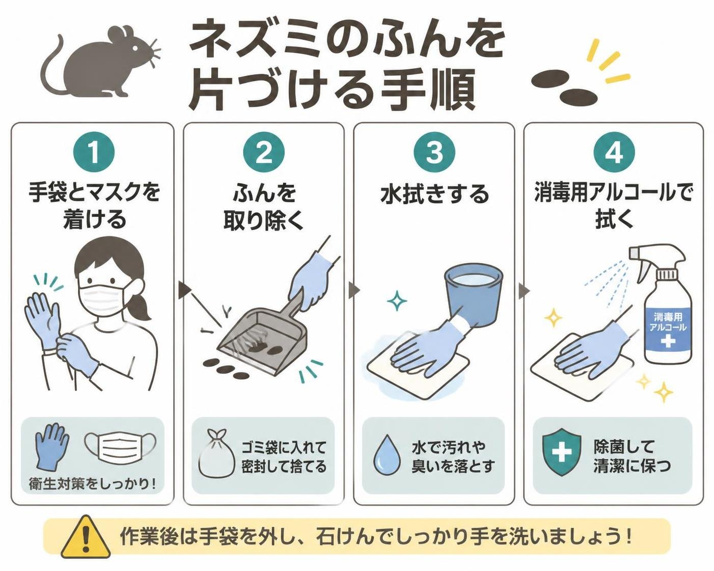 【ステップ作成】ネズミのふんを片づける手順:手袋とマスクを着ける→ふんを取り除く→水拭きする→消毒用アルコールで拭く