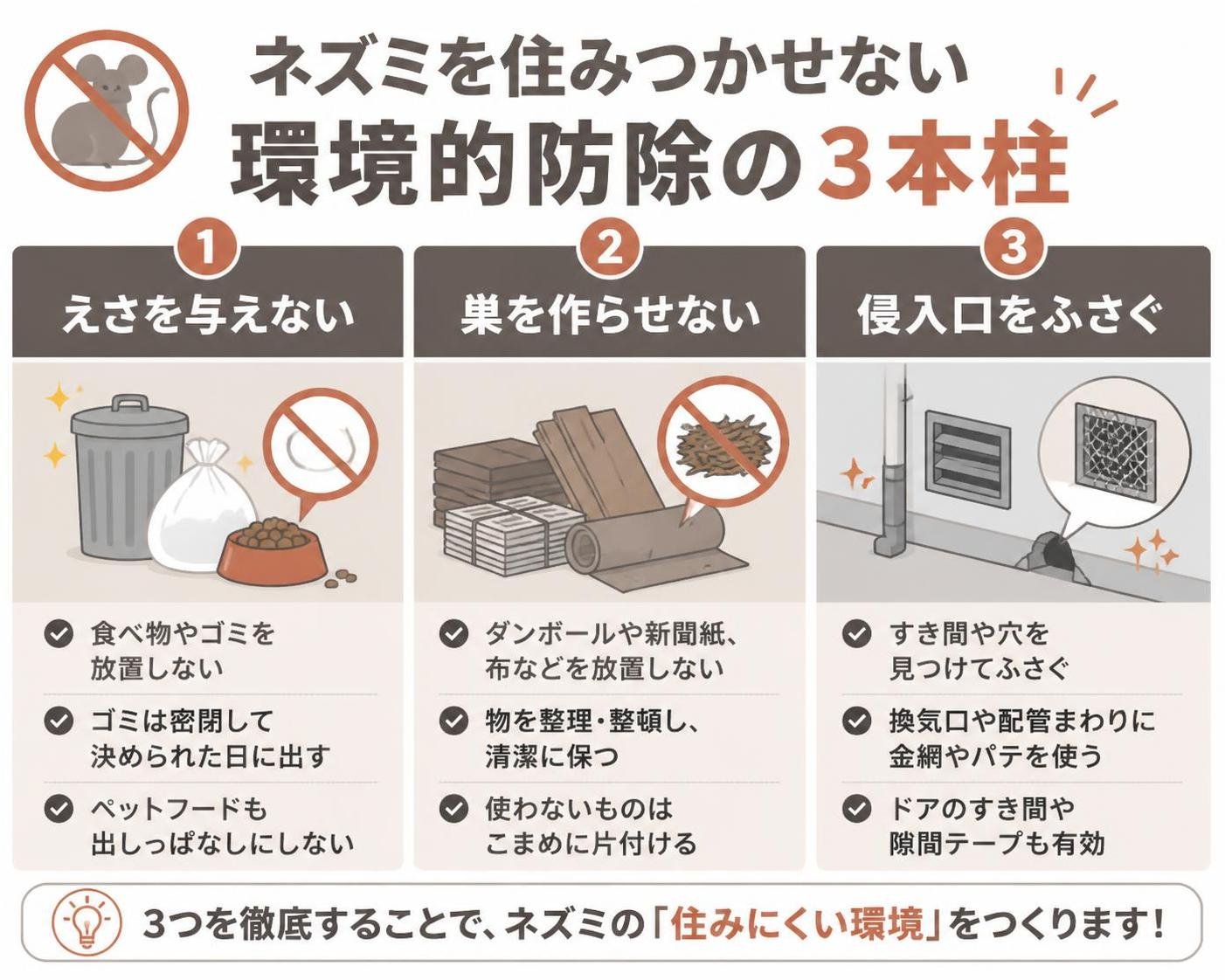 【ステップ作成】ネズミを住みつかせない環境的防除の3本柱:えさを与えない→巣を作らせない→侵入口をふさぐ