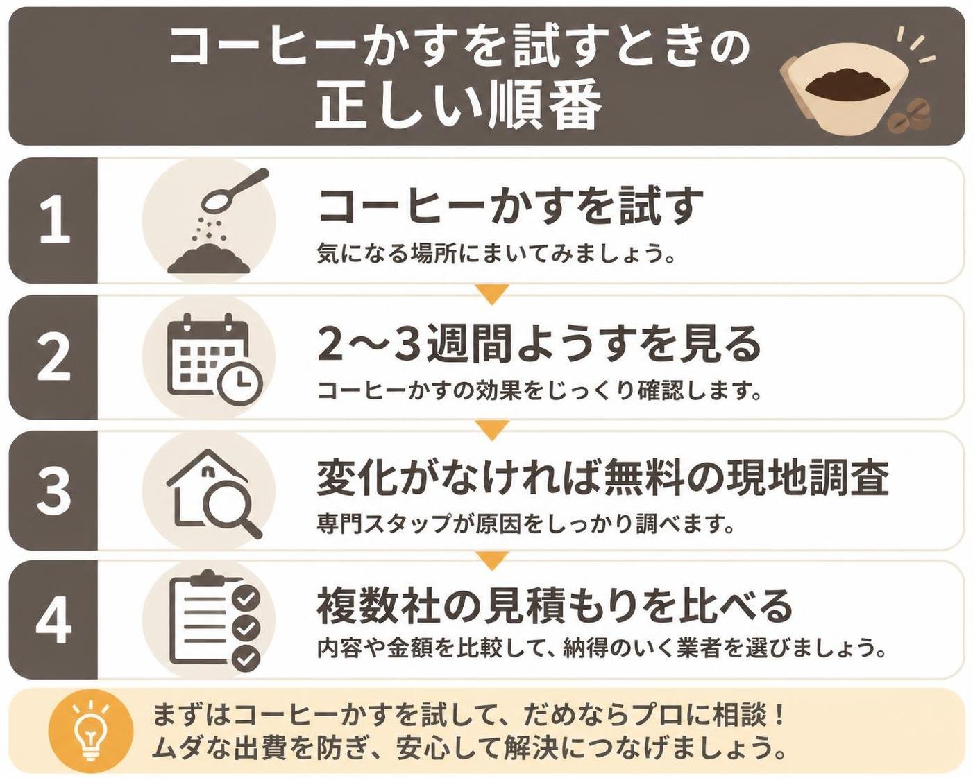 【ステップ作成】コーヒーかすを試すときの正しい順番:コーヒーかすを試す→2〜3週間ようすを見る→変化がなければ無料の現地調査→複数社の見積もりを比べる