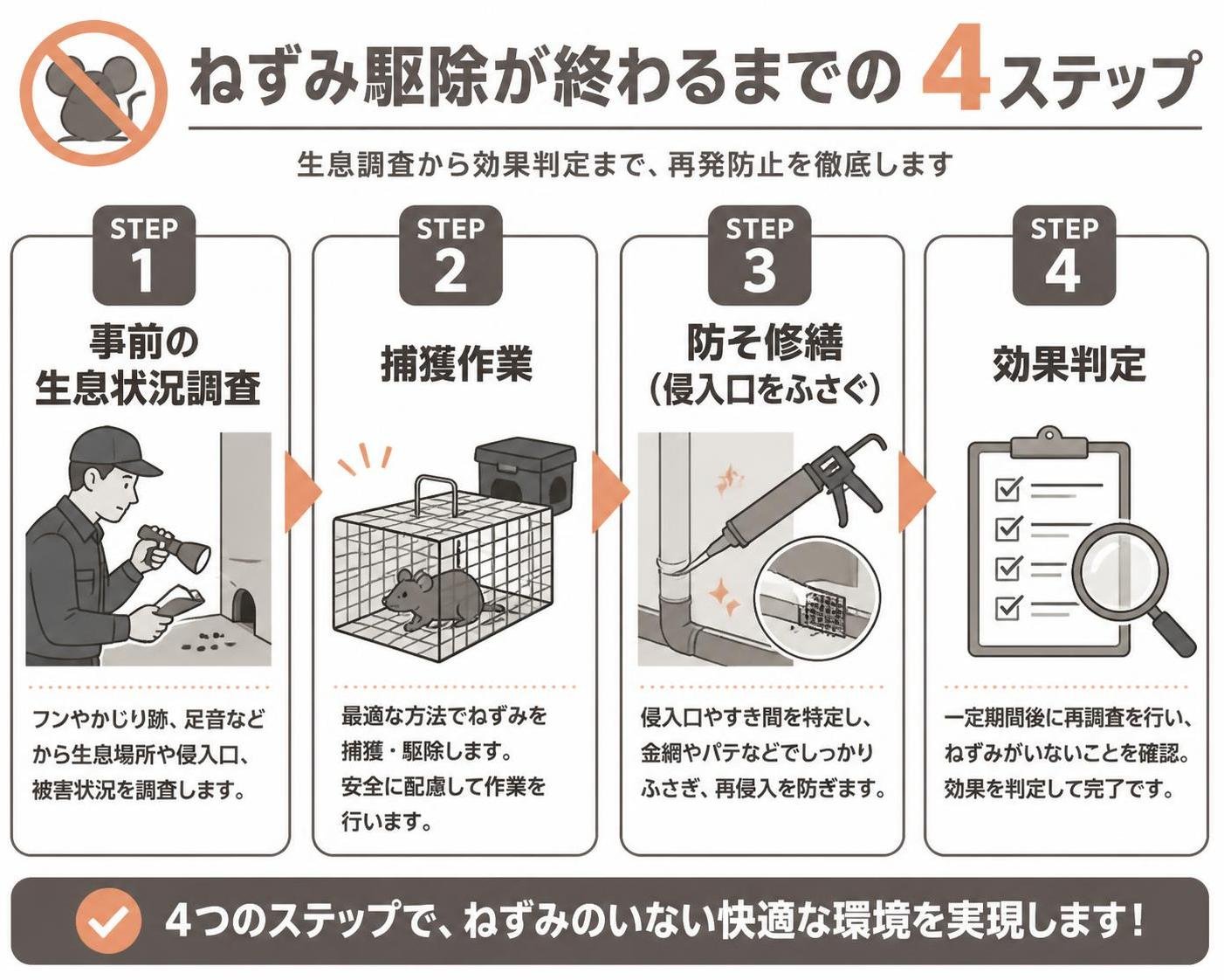 【ステップ作成】ねずみ駆除が終わるまでの4ステップ:事前の生息状況調査→捕獲作業→防そ修繕(侵入口をふさぐ)→効果判定