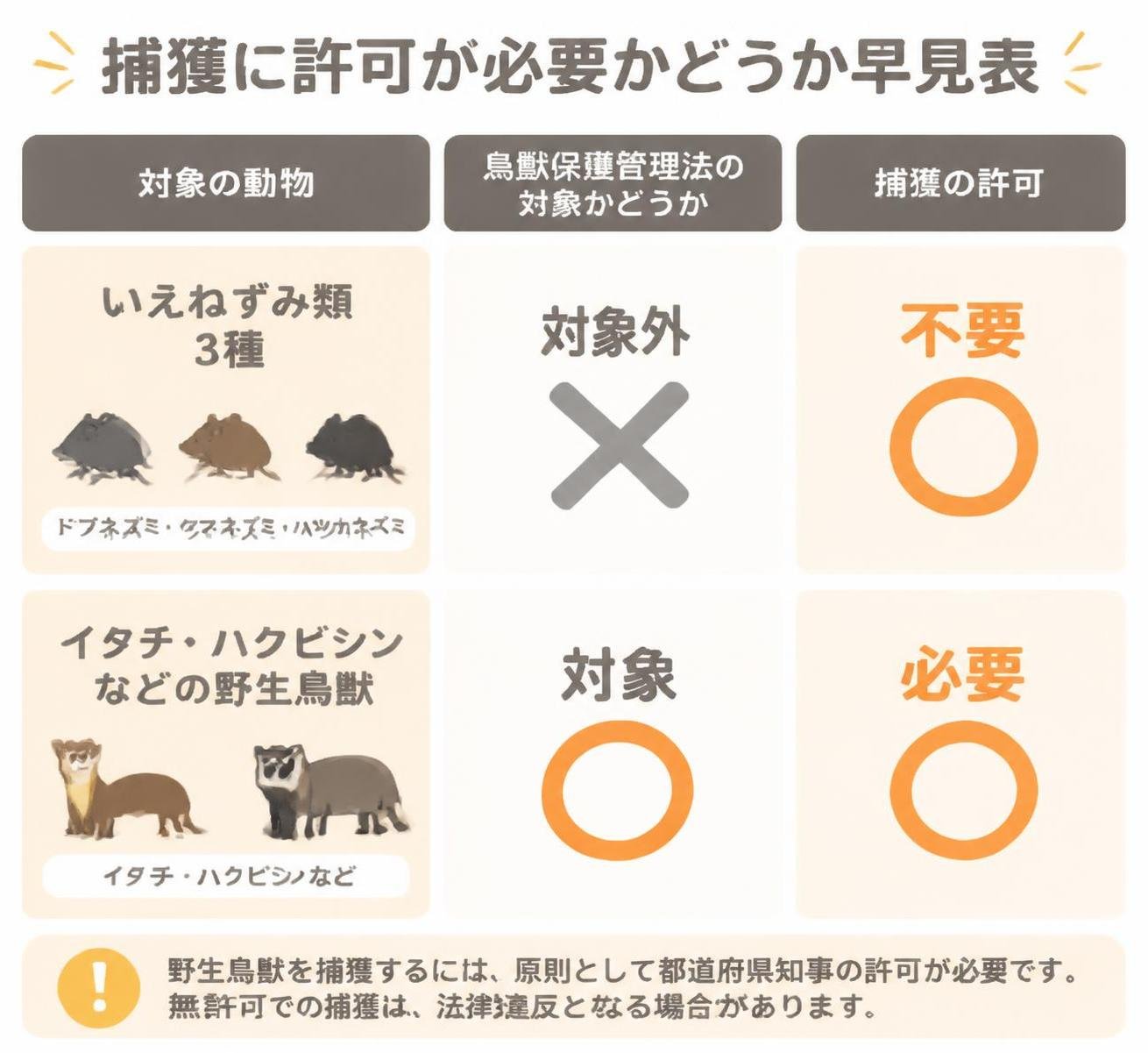 【比較表作成】捕獲に許可が必要かどうかの早見表。いえねずみ類3種: 鳥獣保護管理法=対象外, 捕獲の許可=不要 / イタチ・ハクビシンなどの野生鳥獣: 鳥獣保護管理法=対象, 捕獲の許可=必要