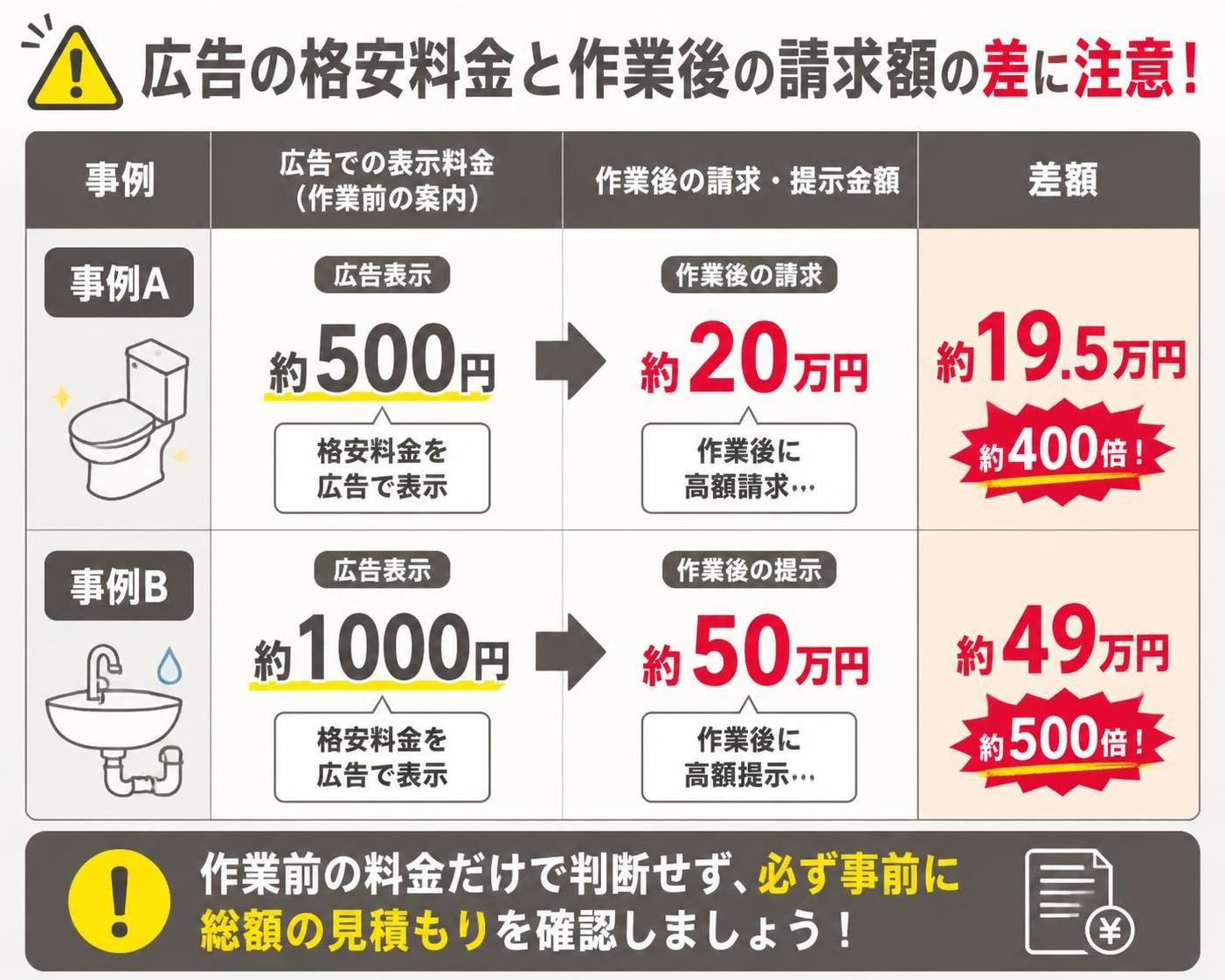 【比較表作成】広告の格安料金と作業後の請求額の差。事例A: 広告表示=約500円, 作業後の請求=約20万円 / 事例B: 広告表示=約1000円, 作業後の提示=約50万円