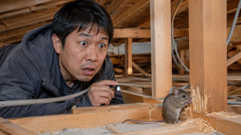 候補①ネズミが硬いものを削る音。木造戸建ての天井裏で男性1人が懐中電灯を向けて息をのむ