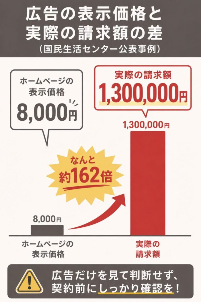 【縦棒作成】広告の表示価格と実際の請求額の差（国民生活センター公表事例）。ホームページ:8000円 // 請求:1300000円。請求を強調