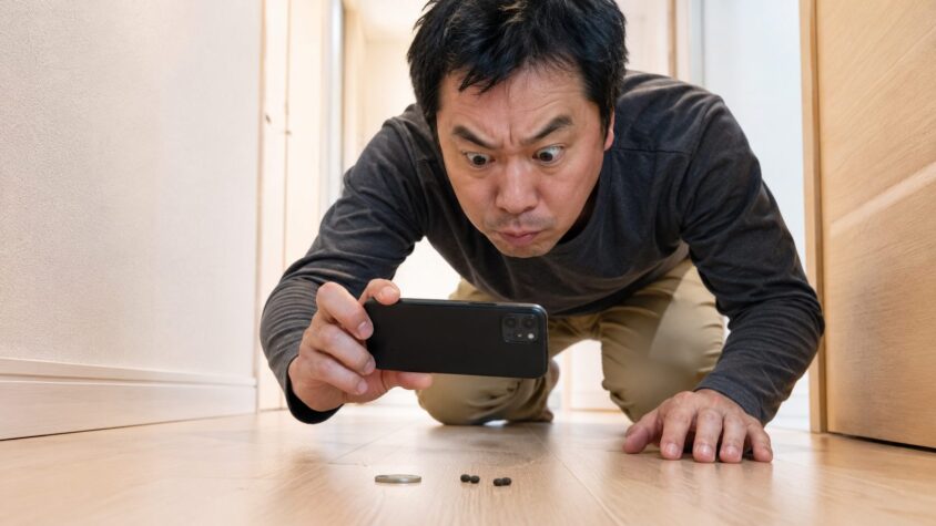 捨てる前に写真を1枚撮っておく|住宅の廊下の床にしゃがみ硬貨1枚とネズミのふんを並べてスマホで撮影する男性1人