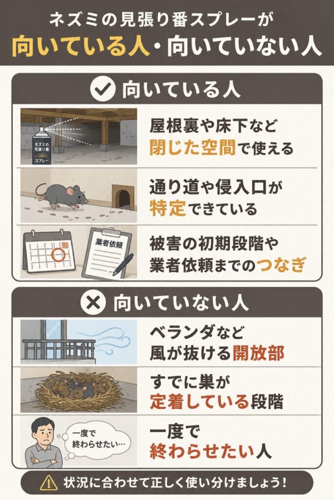 ネズミの見張り番スプレーが向いている人・向いていない人。向いている人:屋根裏や床下など閉じた空間で使える / 通り道や侵入口が特定できている / 被害の初期段階や業者依頼までのつなぎ // 向いていない人:ベランダなど風が抜ける開放部 / すでに巣が定着している段階 / 一度で終わらせたい人