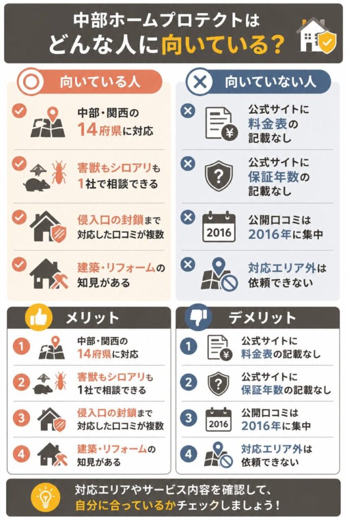【メリデメ作成】中部ホームプロテクトが向いている人・向いていない人。メリット:中部・関西の14府県に対応 / 害獣もシロアリも1社で相談できる / 侵入口の封鎖まで対応した口コミが複数 / 建築・リフォームの知見がある // デメリット:公式サイトに料金表の記載なし / 公式サイトに保証年数の記載なし / 公開口コミは2016年に集中 / 対応エリア外は依頼できない