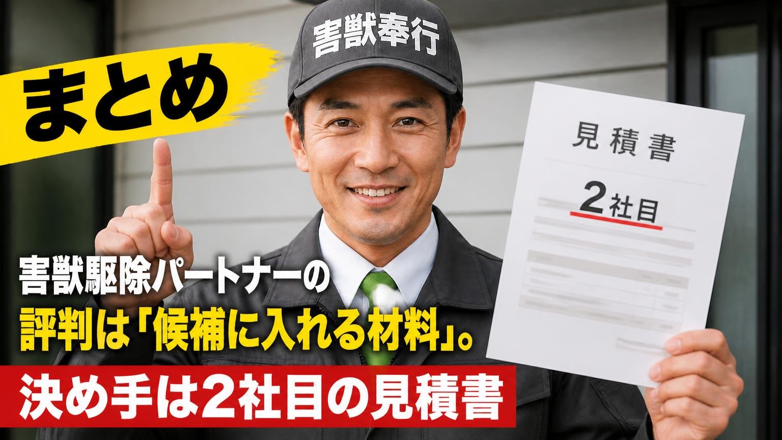 まとめ|害獣駆除パートナーの評判は「候補に入れる材料」。決め手は2社目の見積書