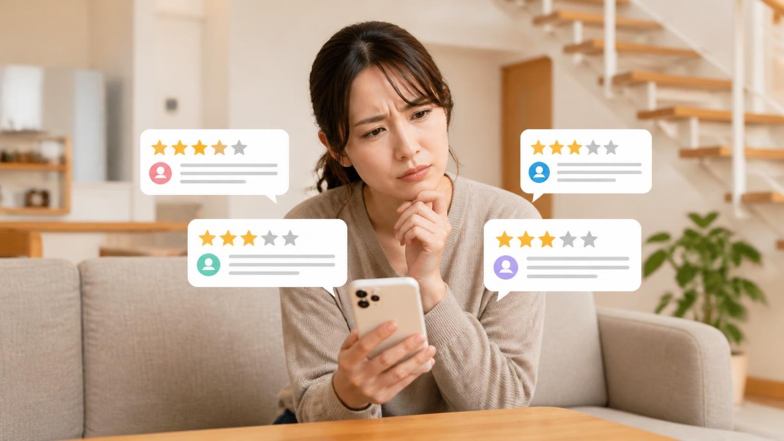 口コミ評価は真ん中に集まる|戸建てのリビングで30代女性がスマホのレビューを見比べて首をかしげる