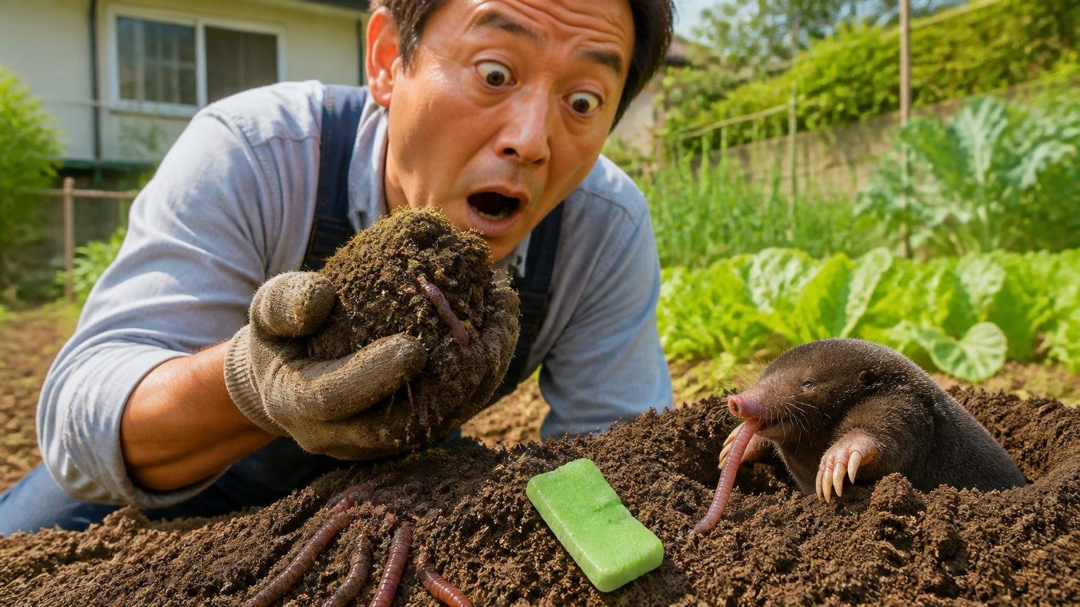 モグラの主食はミミズでガムは食べ物と認識されない|家庭菜園の畑で土を掘る住人1人が驚いた表情