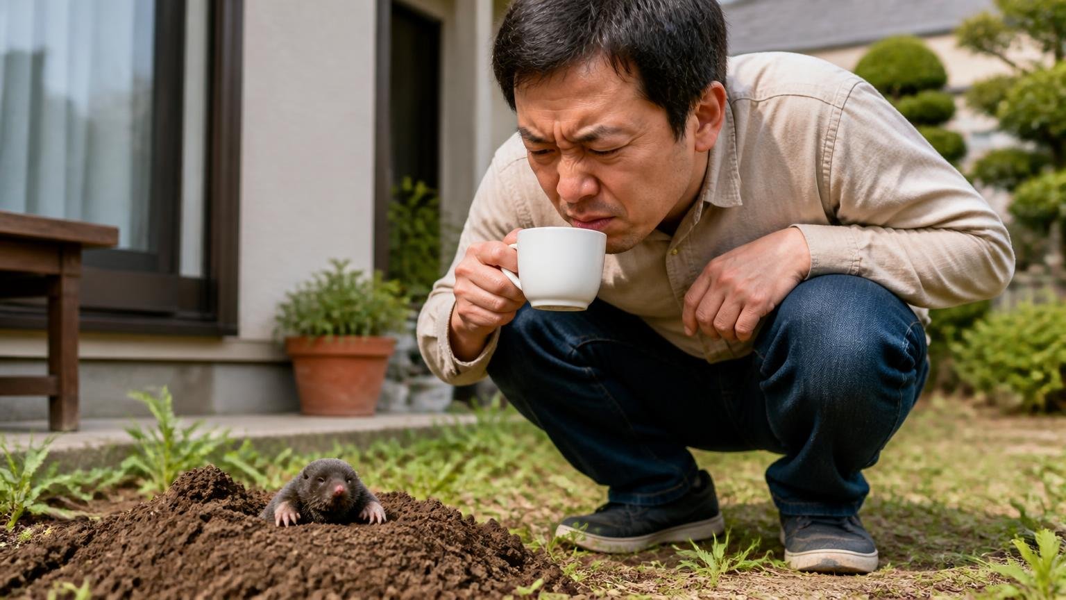 なぜコーヒーの匂いがモグラに効くと言われるのか 住宅の庭先でしゃがむ男性1人が地面の匂いを気にする表情