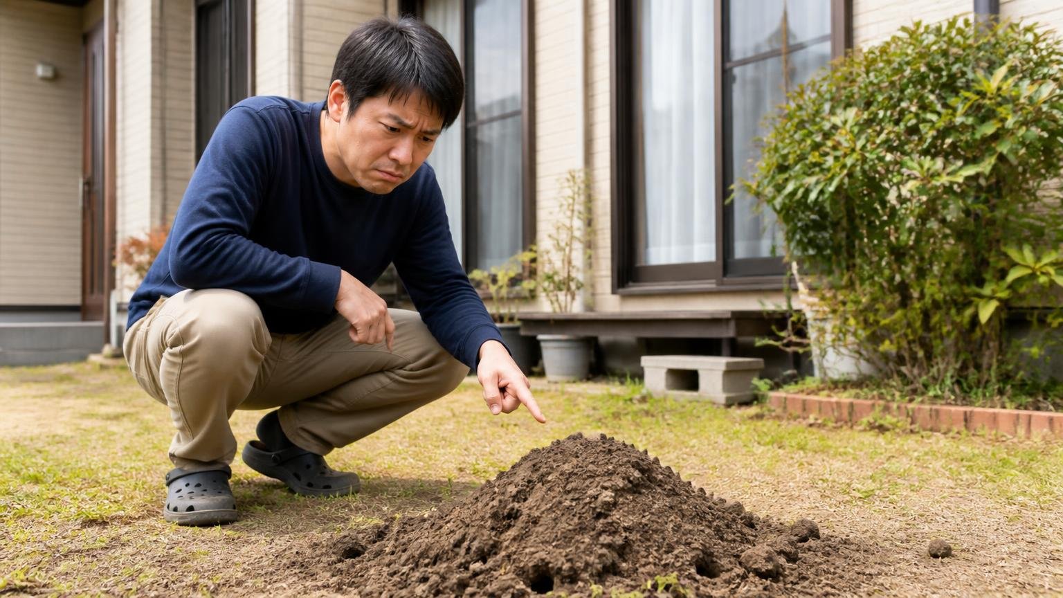「退治」と「忌避」は別の仕事、木造戸建ての庭先で男性1人がモグラ塚を指さし眉をひそめる