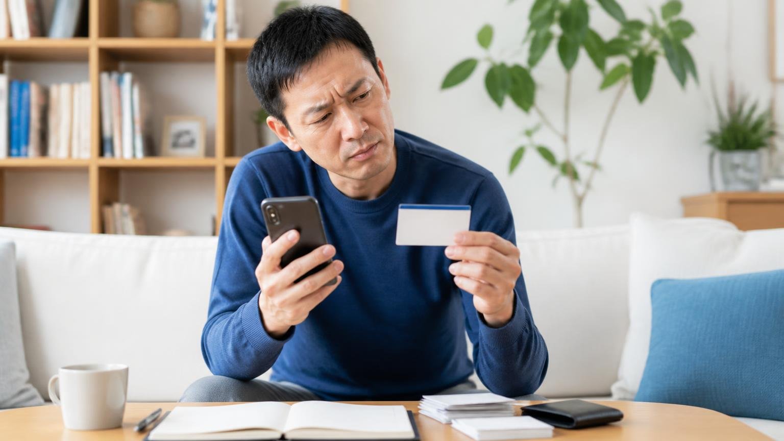 会社名とサービス名の関係を整理する。自宅のリビングで40代男性が1人、スマホと名刺を見比べて眉をひそめる