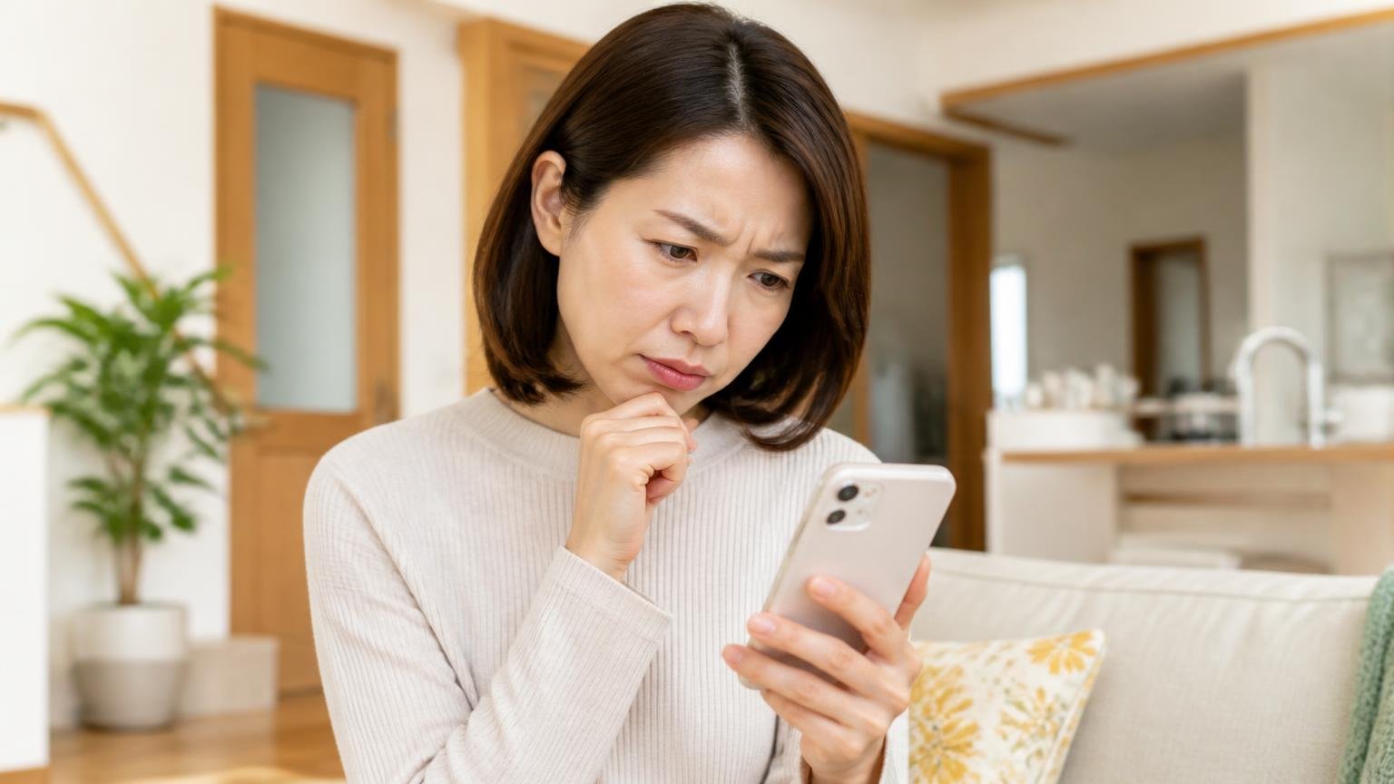 口コミは6件をどう受け取るか。木造戸建てのリビングでスマホの口コミ画面を見る女性1人が眉をひそめる