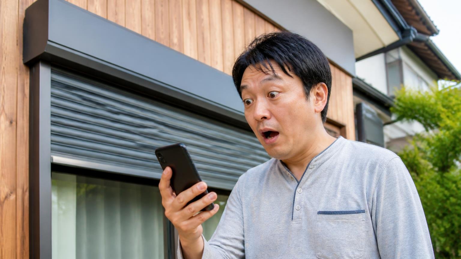 効いたという口コミを確認する場面 木造戸建てのシャッターボックス前 住人1人 スマホでレビューを読み驚く表情