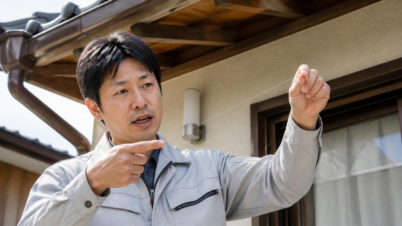 テグスは来させない糸で追い出す道具ではない|木造戸建ての軒下|作業服の男性1人が透明な糸を指さして説明