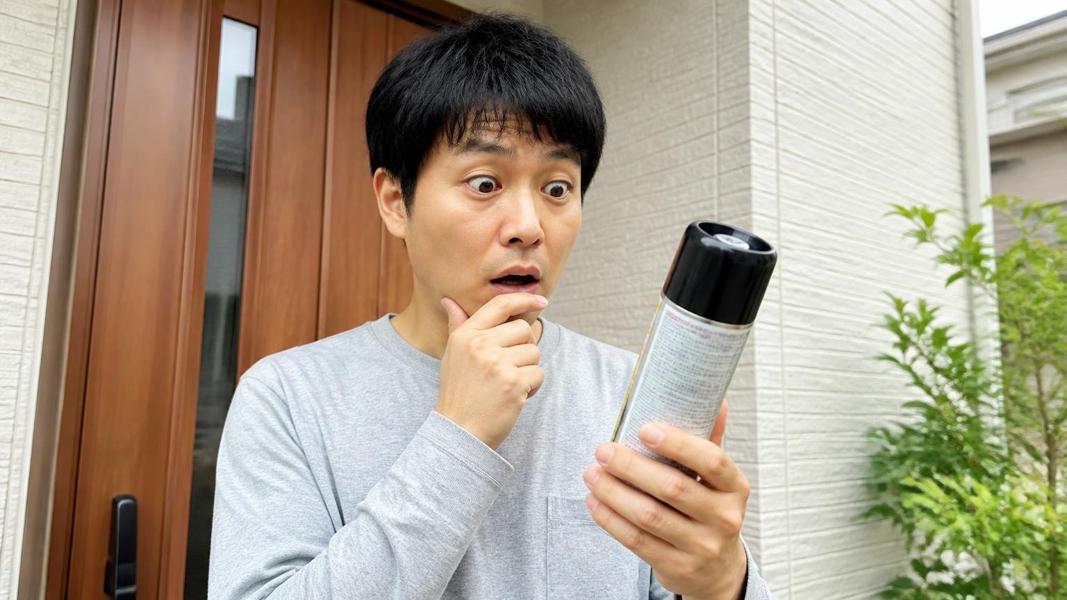 効能・効果にコウモリは入っていない|住宅の玄関先で男性1人がスプレー缶の表示を読み目を見開く