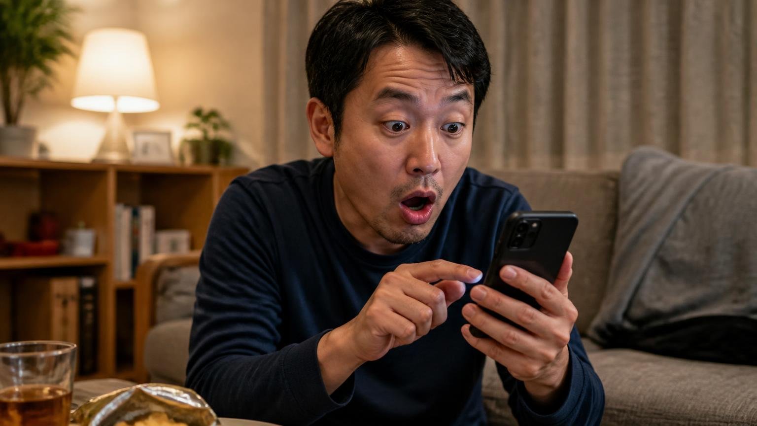 楽天レビューの星の内訳を確認する場面。夜のリビングでスマホの評価画面を見つめる40代男性が眉を上げて驚く