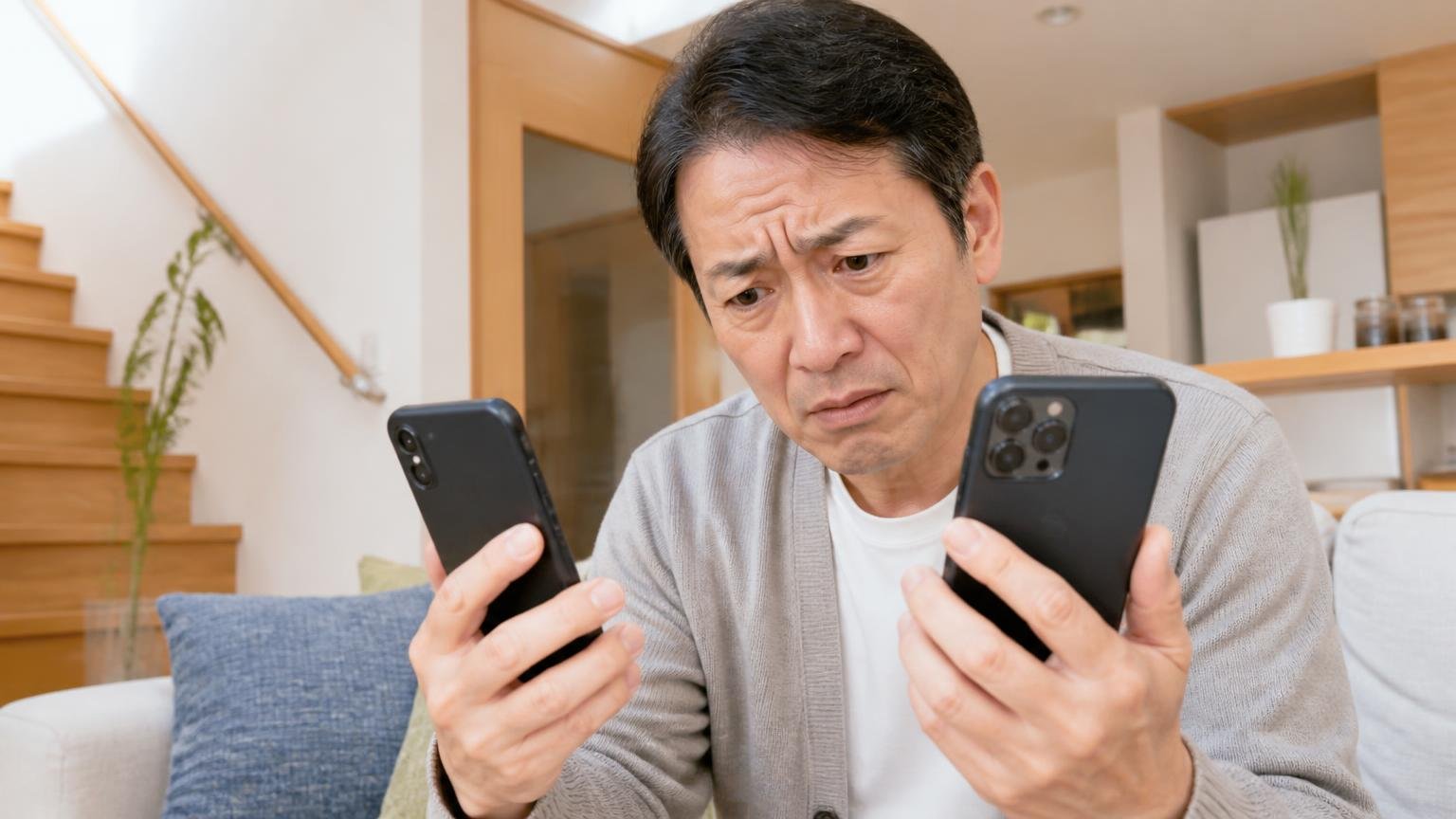 口コミが真っ二つに割れる理由 木造戸建てのリビングでスマホの口コミを見比べる40代男性が眉をひそめる