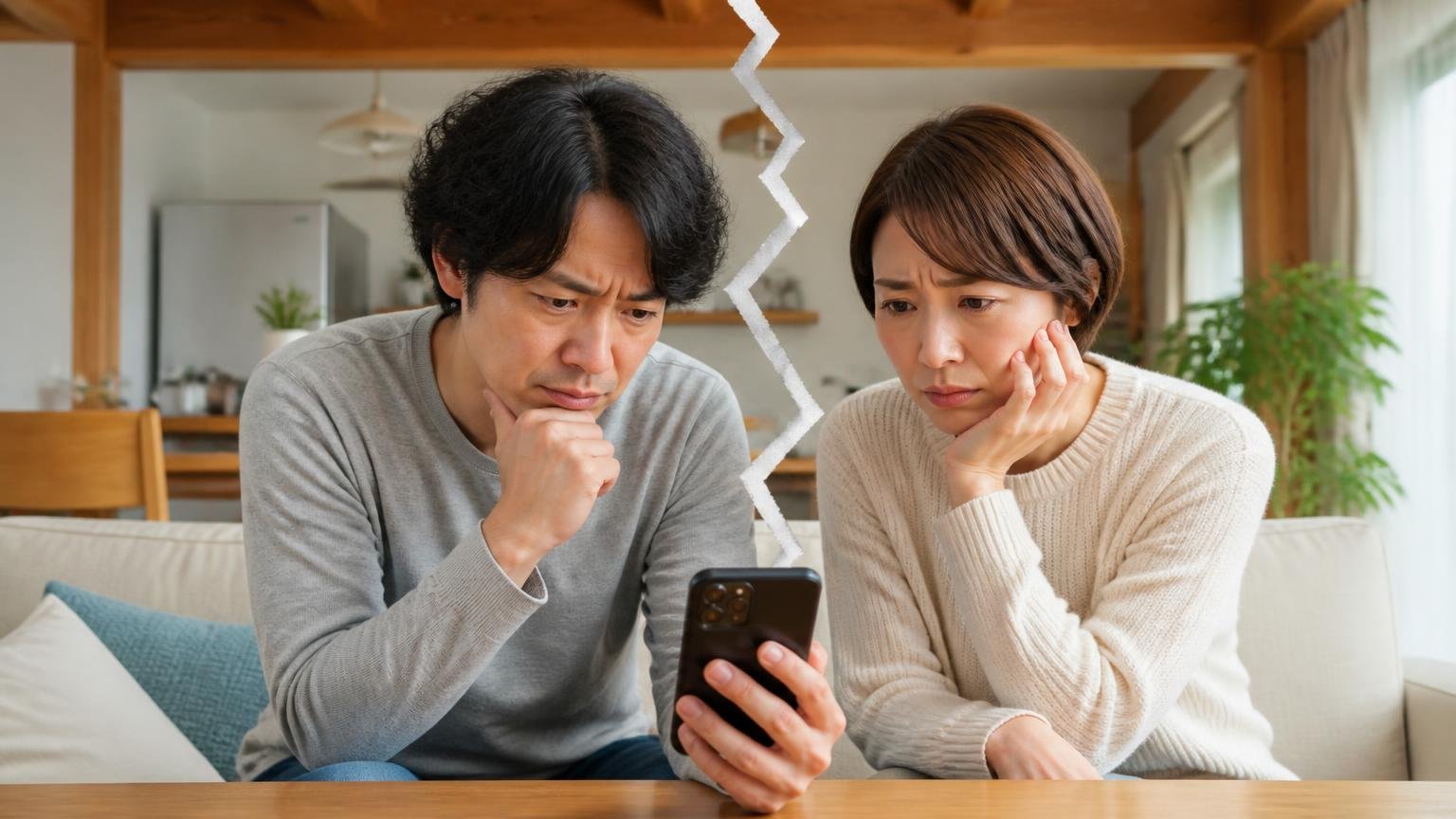 真っ二つに割れる口コミ 木造戸建てのリビングで夫婦2人がスマホのレビューを見て眉をひそめる
