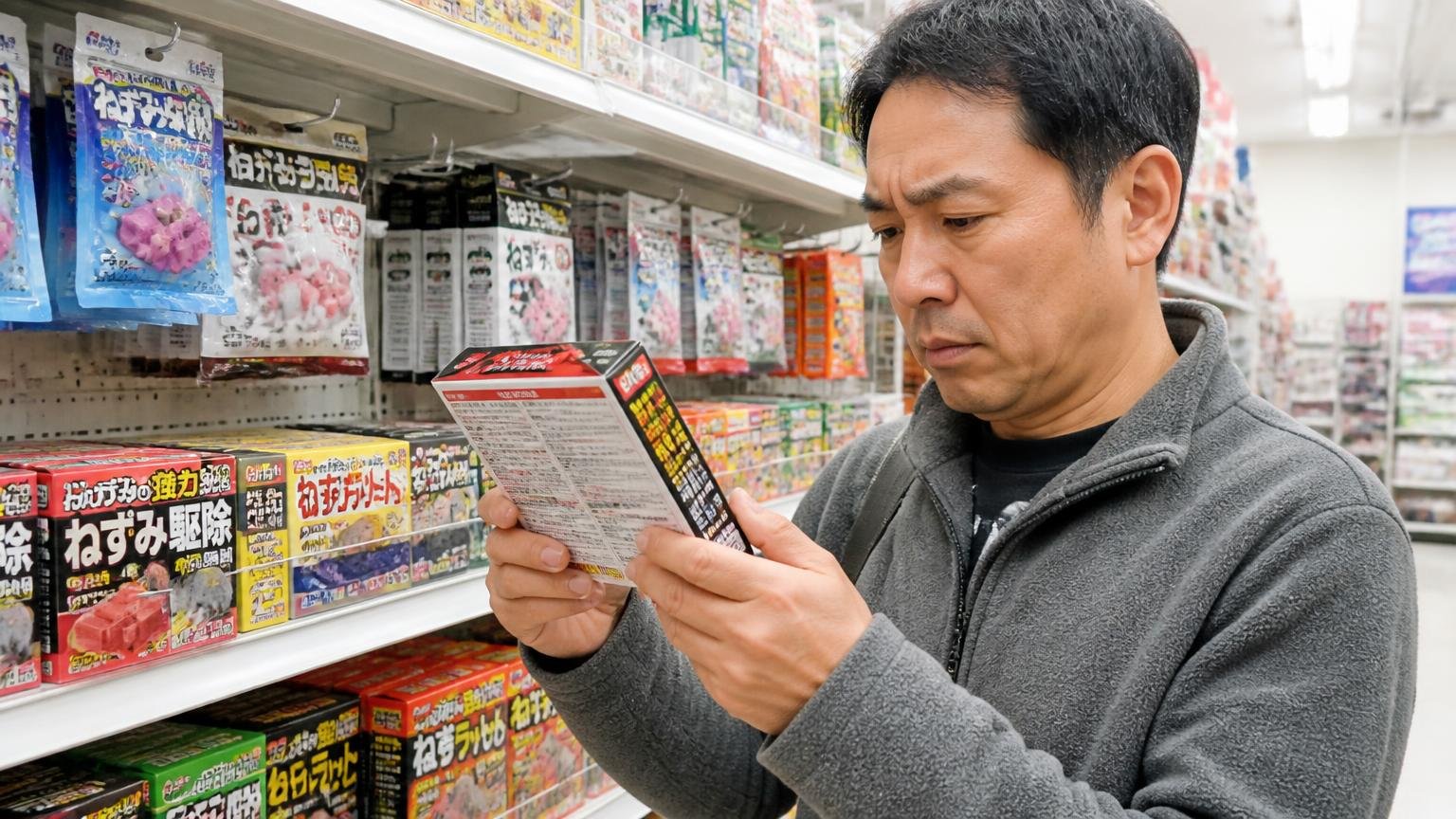 ダイソーで売っているネズミ毒餌の中身 100円ショップの害虫対策コーナー 買い物客1人 箱の裏面を真剣に読む