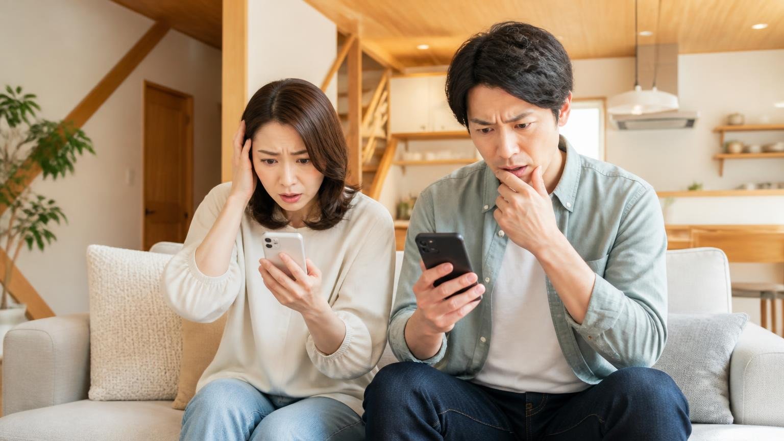効かないと感じているのはあなただけではない 木造戸建てのリビング 夫婦2人 スマホを見て困惑