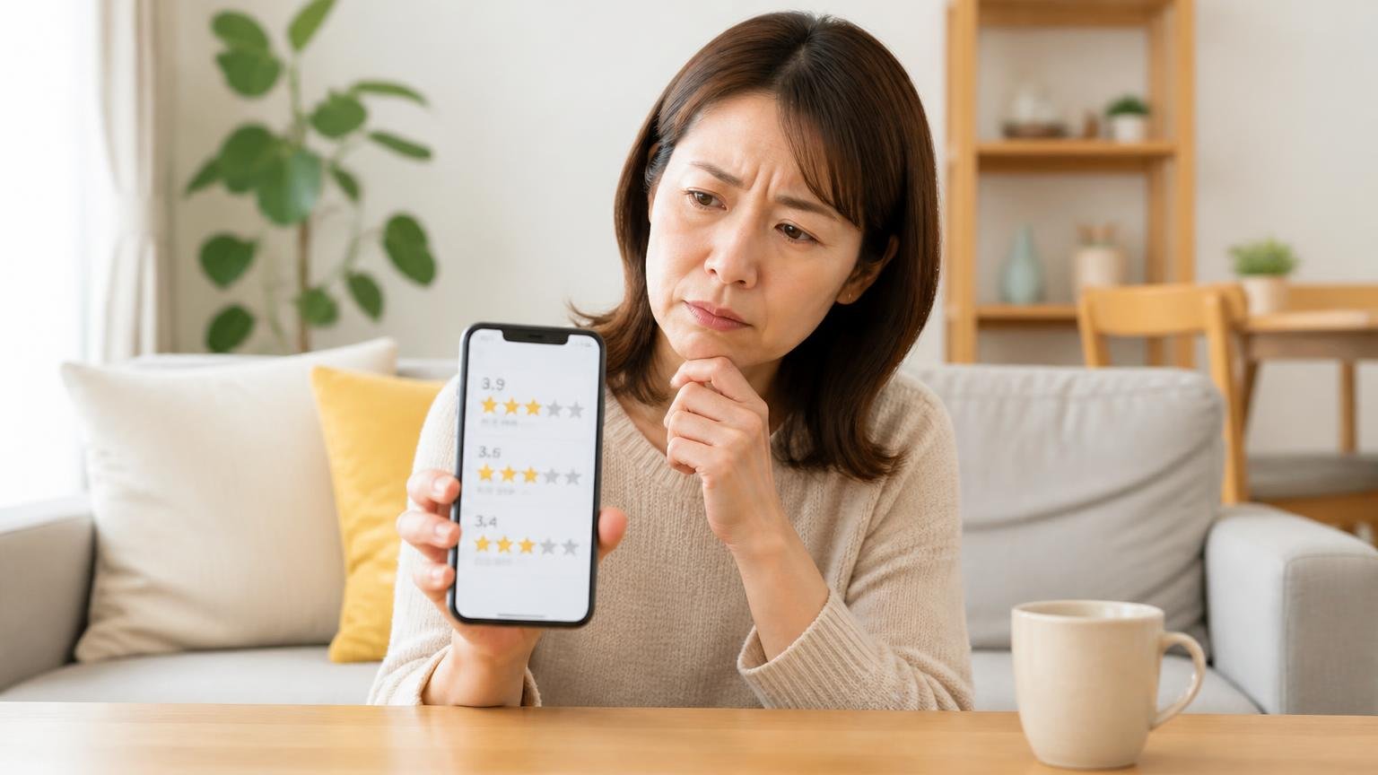 通販3サイトの評価は3.4〜3.9点。リビングでスマホの口コミ画面を見比べる40代女性が眉をひそめる