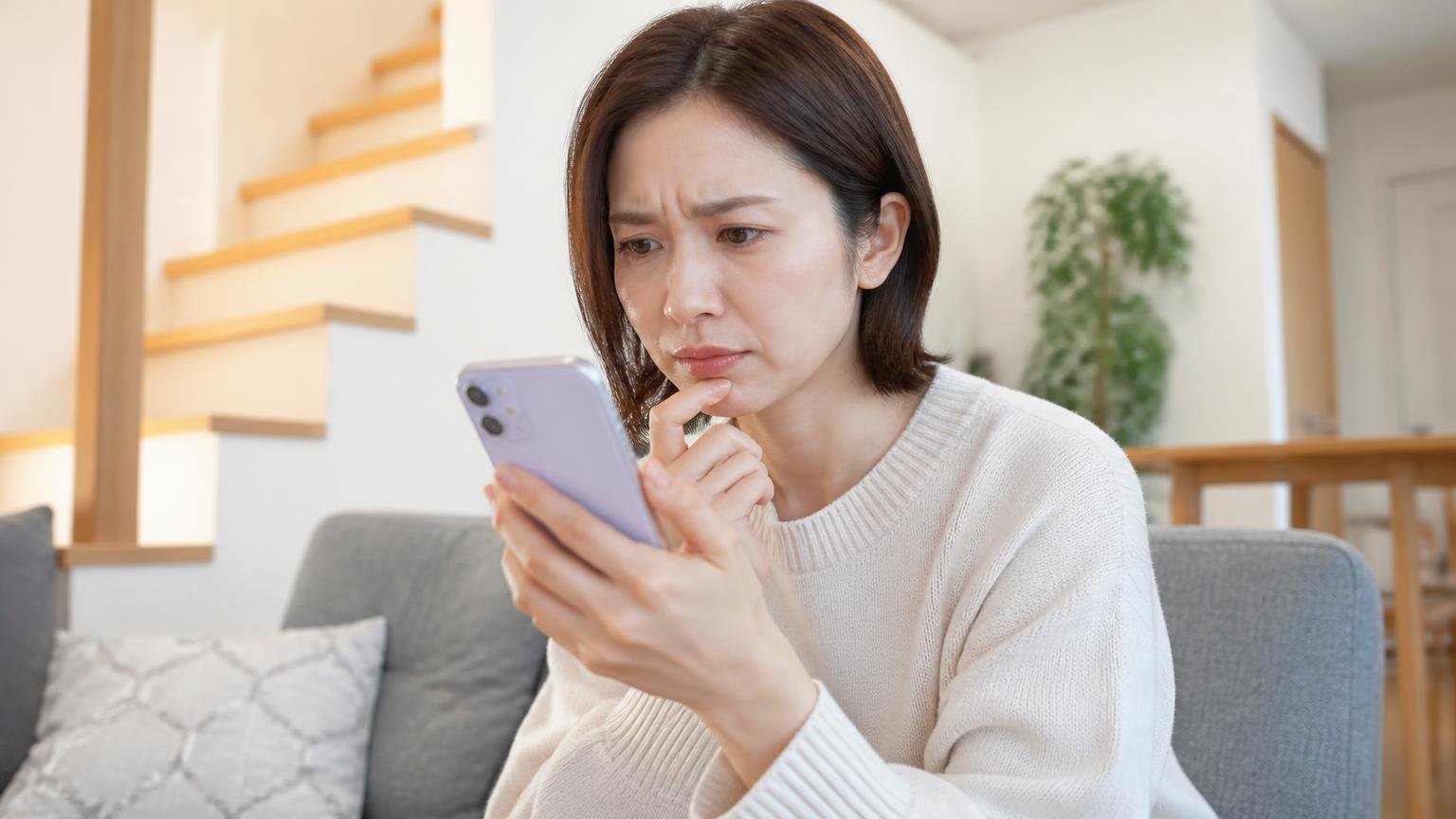 第三者サイトの口コミが極端に少ないのが実態 スマホで業者の評判を検索する木造戸建てのリビング 30代女性1人 画面を見つめて眉をひそめる