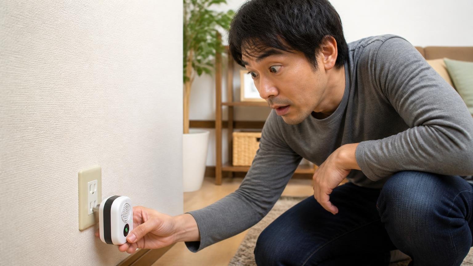ネズミキラーZの基本スペックと価格｜リビングのコンセント前で男性1人が本体を差し込み確認する